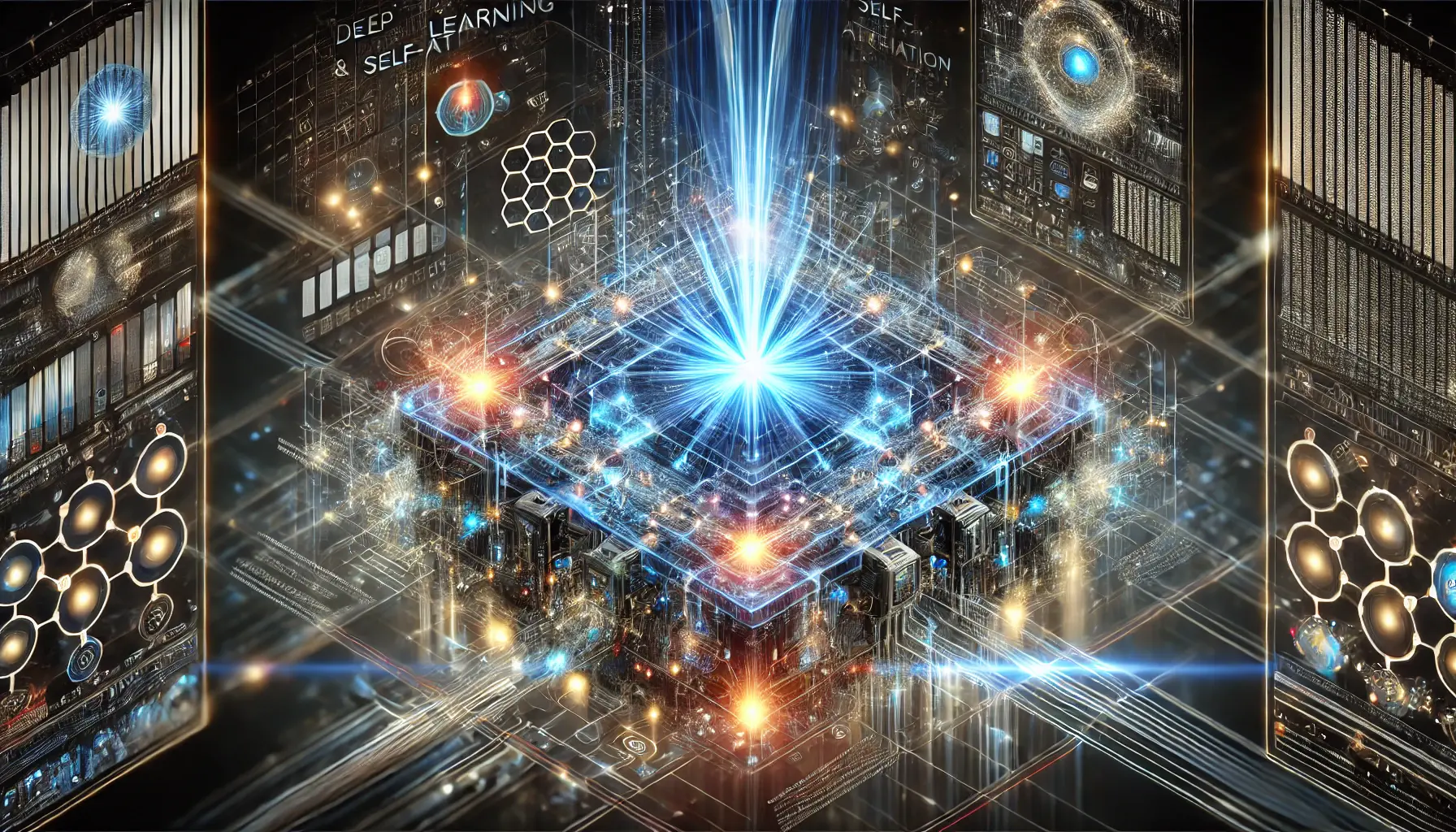 A futuristic depiction of a transformer-based AI architecture featuring multiple layers of glowing interconnected nodes, a central holographic AI processor, and dynamic data streams.