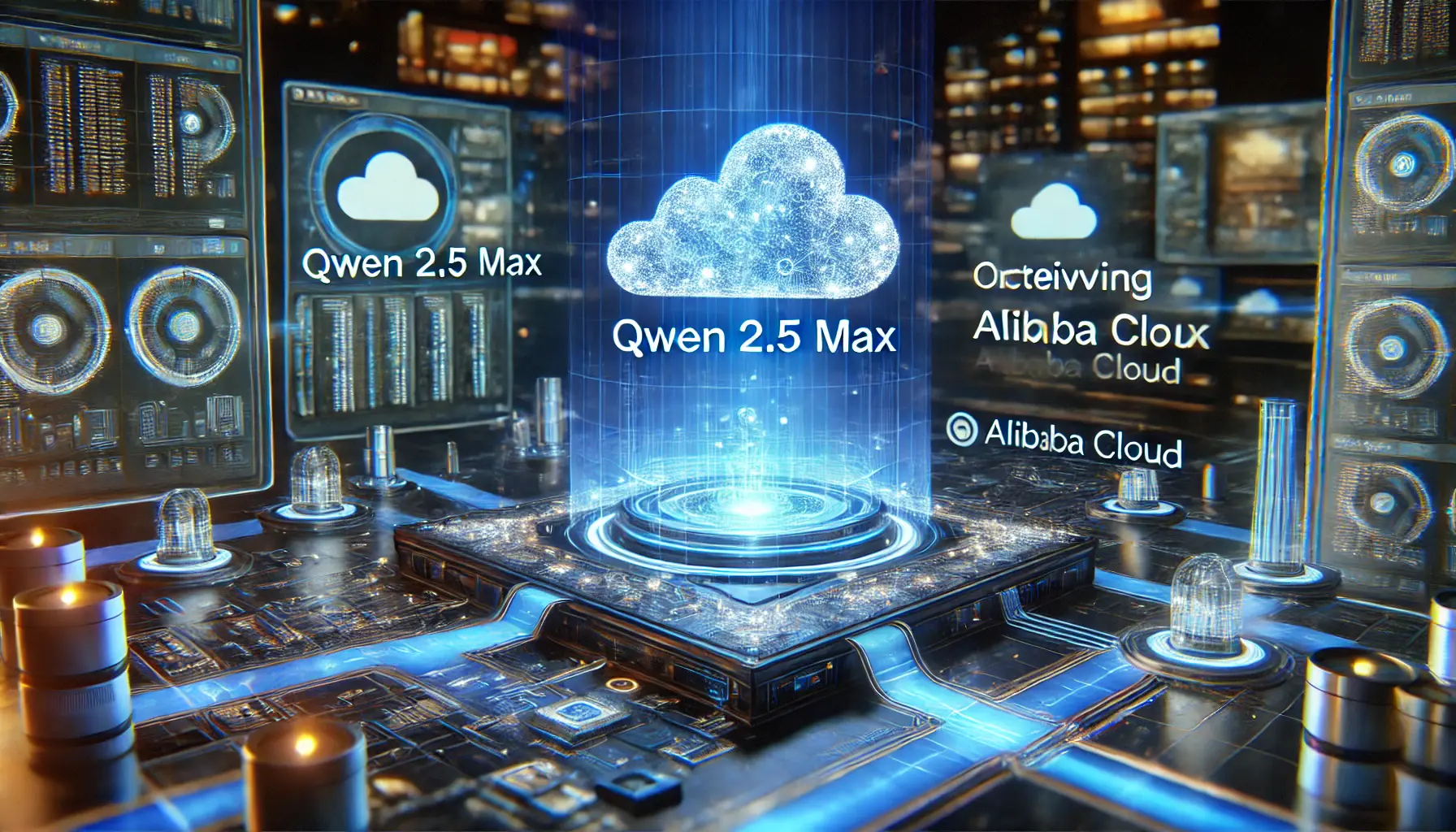 A high-tech digital landscape showing data flowing seamlessly from the cloud, symbolizing the process of obtaining Qwen 2.5 Max from Alibaba Cloud.