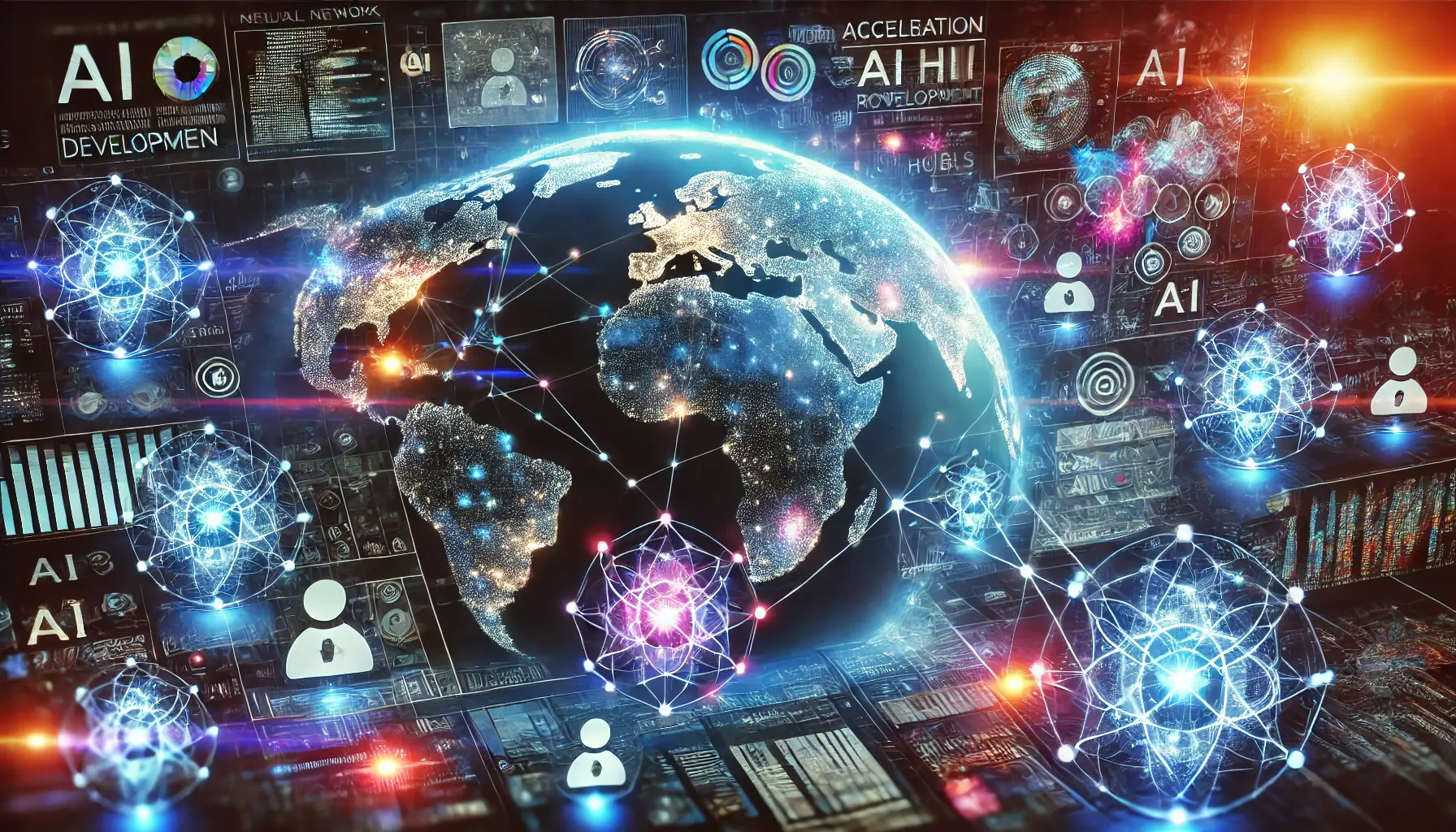 Futuristic global network visualizing the acceleration of AI research and development with holographic connections between AI hubs worldwide.