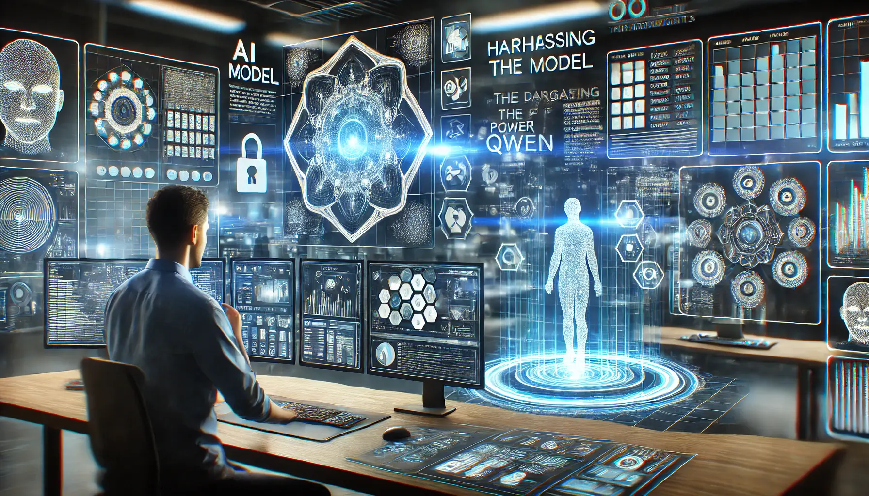 A high-tech developer workspace showing the process of harnessing the power of Qwen, with digital screens displaying AI model outputs, data analysis, and advanced processing capabilities.