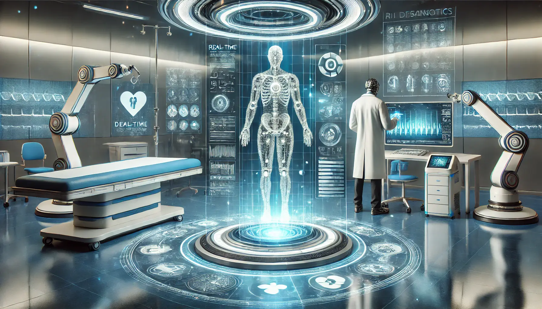 A futuristic healthcare environment powered by AI, showcasing holographic human body diagnostics and robotic medical assistance.