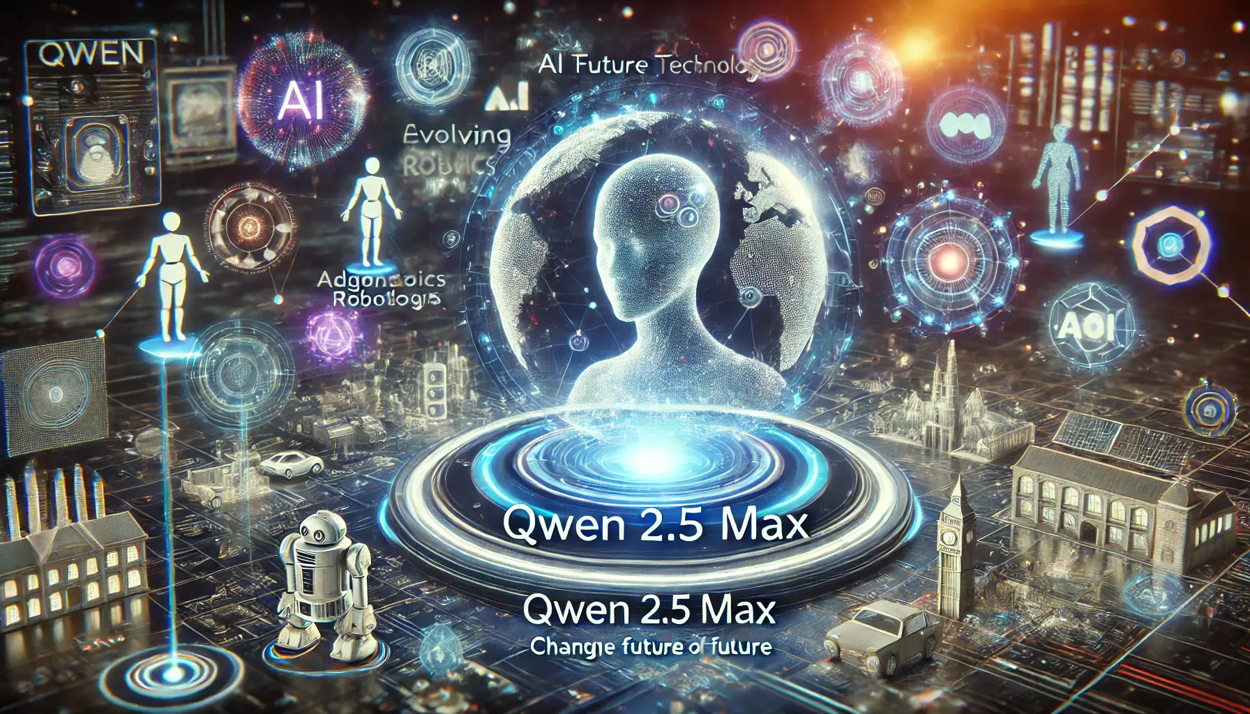 A digital representation of Qwen 2.5 Max interacting with futuristic technologies like robotics, augmented reality, and smart cities.