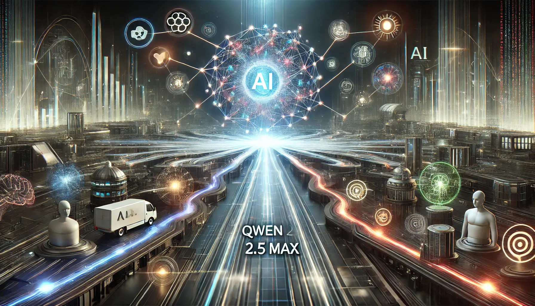 A high-tech digital representation of Qwen 2.5 Max reshaping the future of AI, with glowing neural pathways connecting to various futuristic environments.