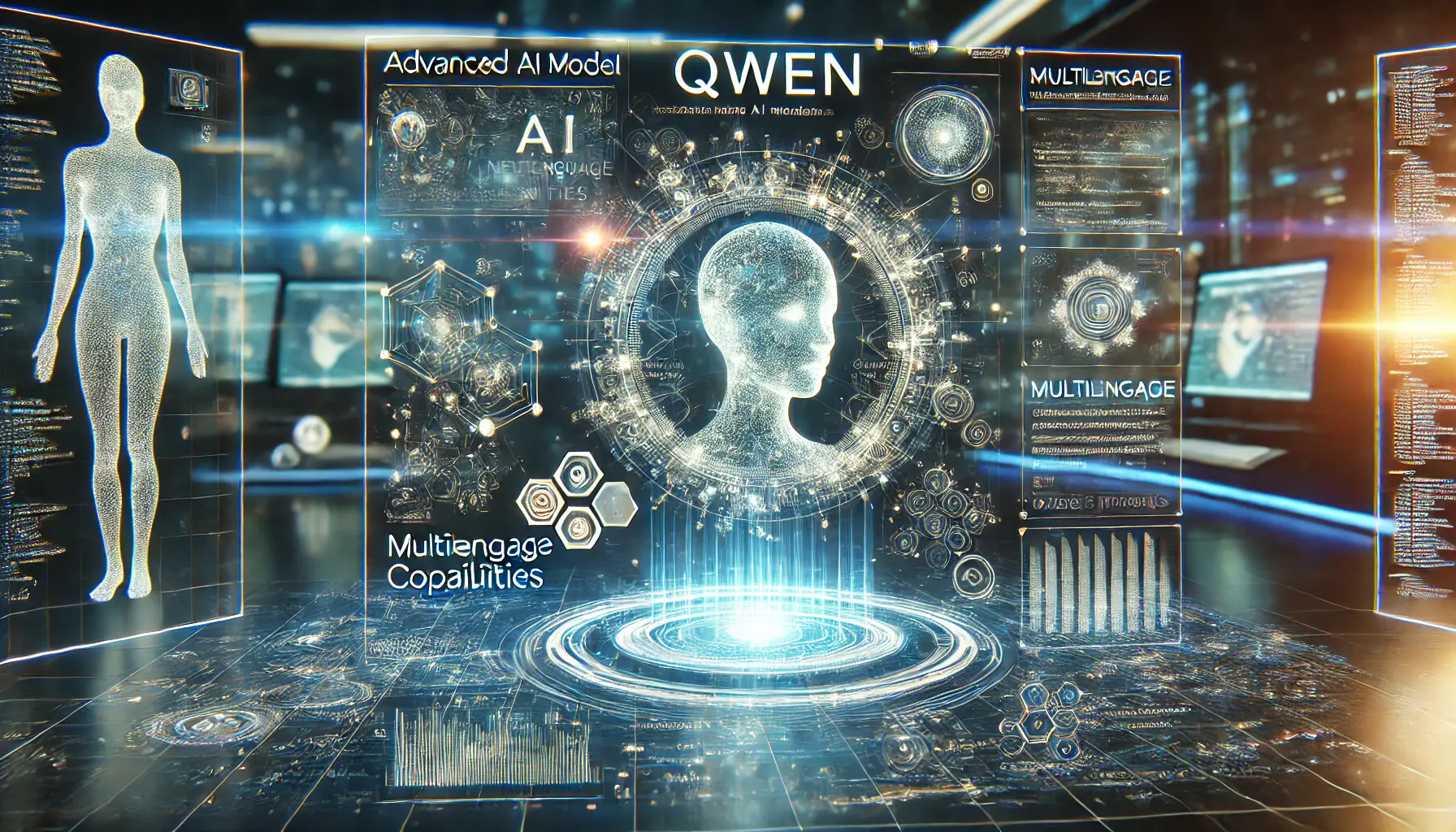 A futuristic digital interface displaying an advanced AI model named Qwen with holographic elements and neural network visualization.