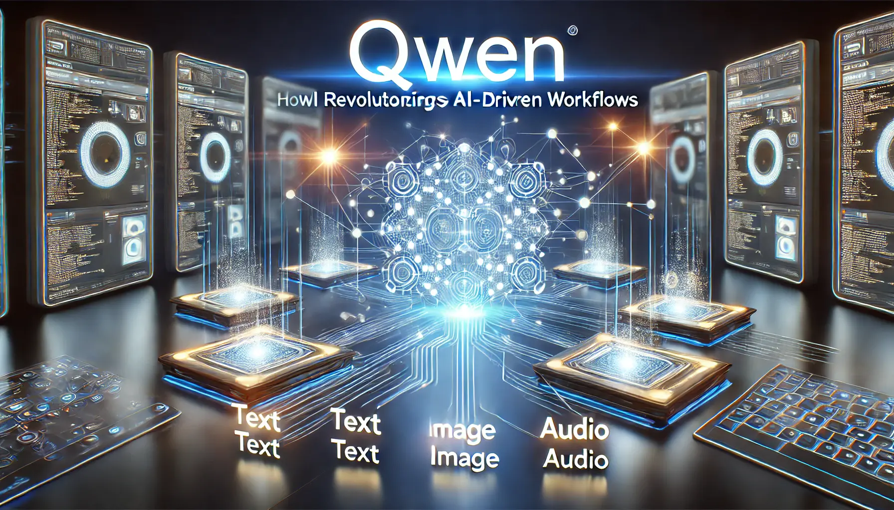 A digital representation of Qwen revolutionizing AI-driven workflows with interconnected glowing modules processing text, image, and audio data streams.