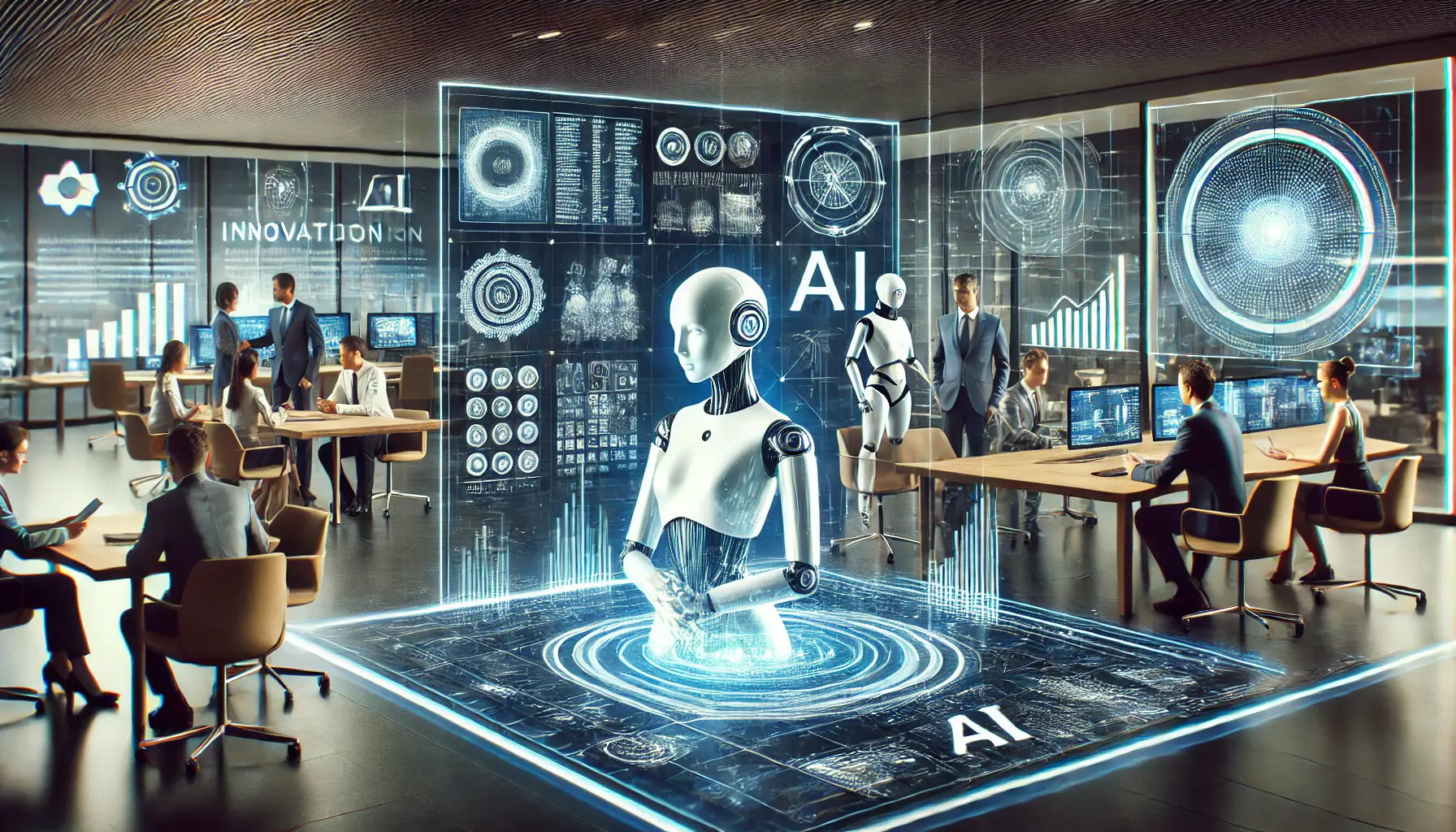 A futuristic business environment with AI-powered technology, including holographic displays, digital charts, and an AI assistant interacting with professionals.