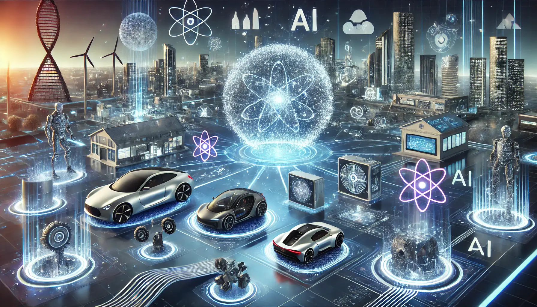 A futuristic digital landscape depicting the impact of Qwen on various industries like consumer electronics, automotive, gaming, and scientific research.