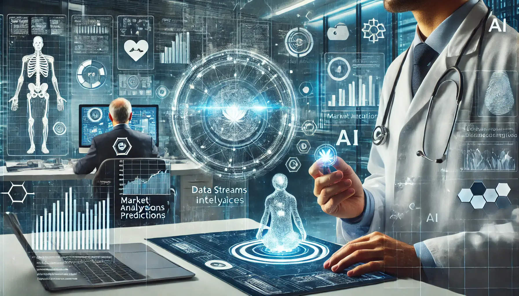 A futuristic scene depicting the impact of AI in healthcare and finance industries. A doctor uses AI to analyze medical data on a holographic display in a hospital, while a finance professional uses AI for market analysis and investment predictions in an office. Data streams and digital interfaces illustrate AI’s transformative role.