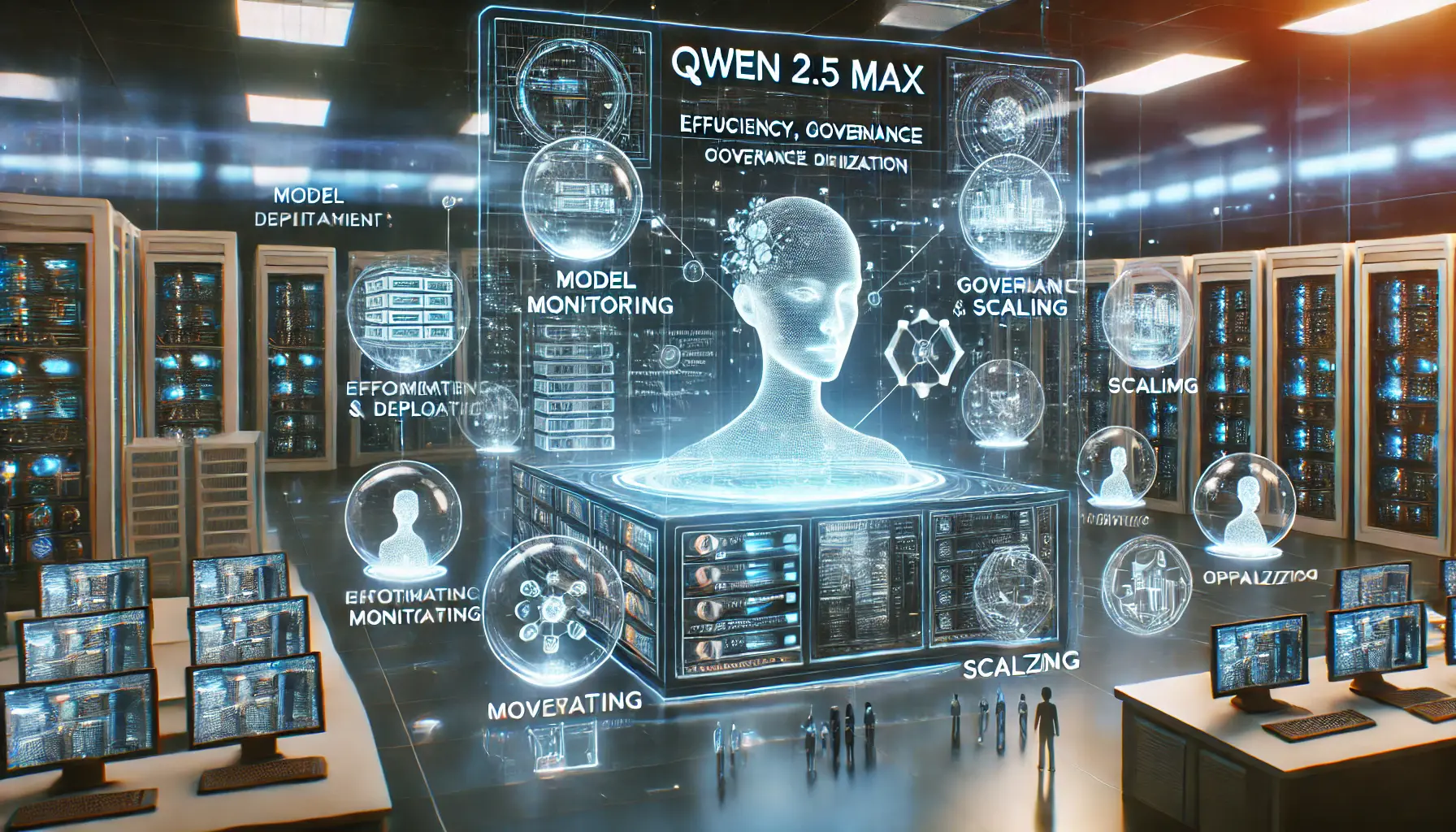 A futuristic digital environment illustrating the implementation of ModelOps practices for AI deployment, with automated processes and holographic elements.