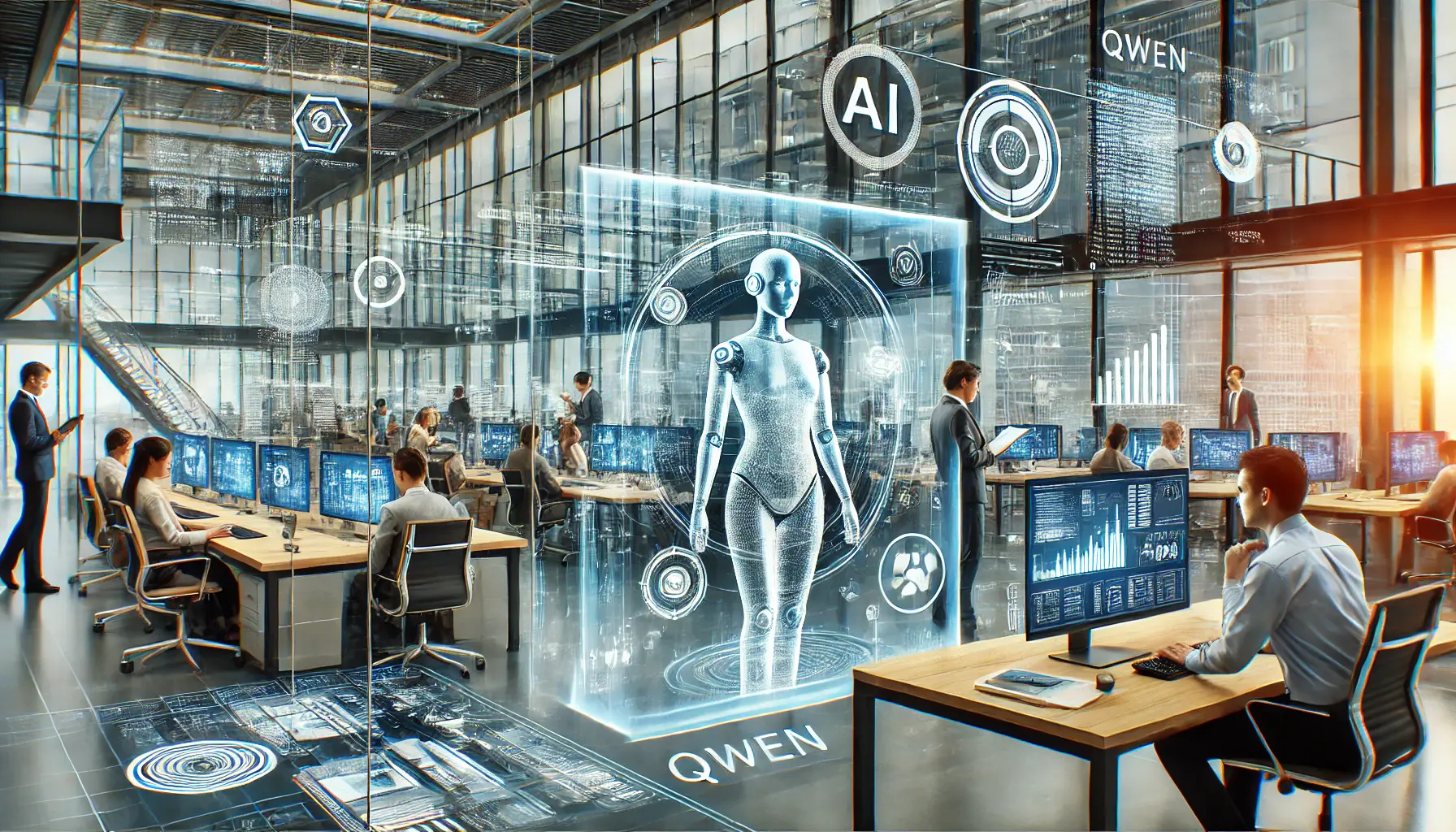 A modern office environment with professionals using AI-powered interfaces, analyzing real-time data, and automating workflow processes with Qwen.