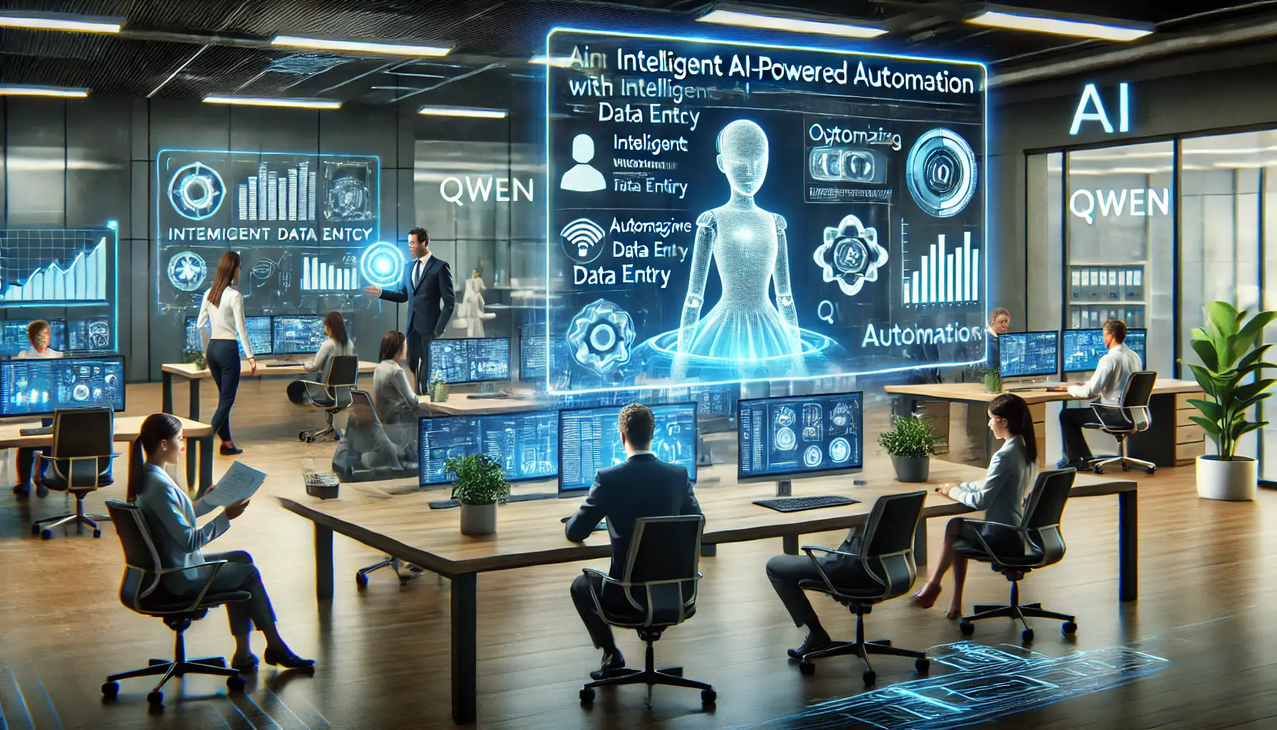 A futuristic office where professionals use AI-powered automation, including Qwen, to optimize workflow processes through intelligent dashboards and holographic interfaces.