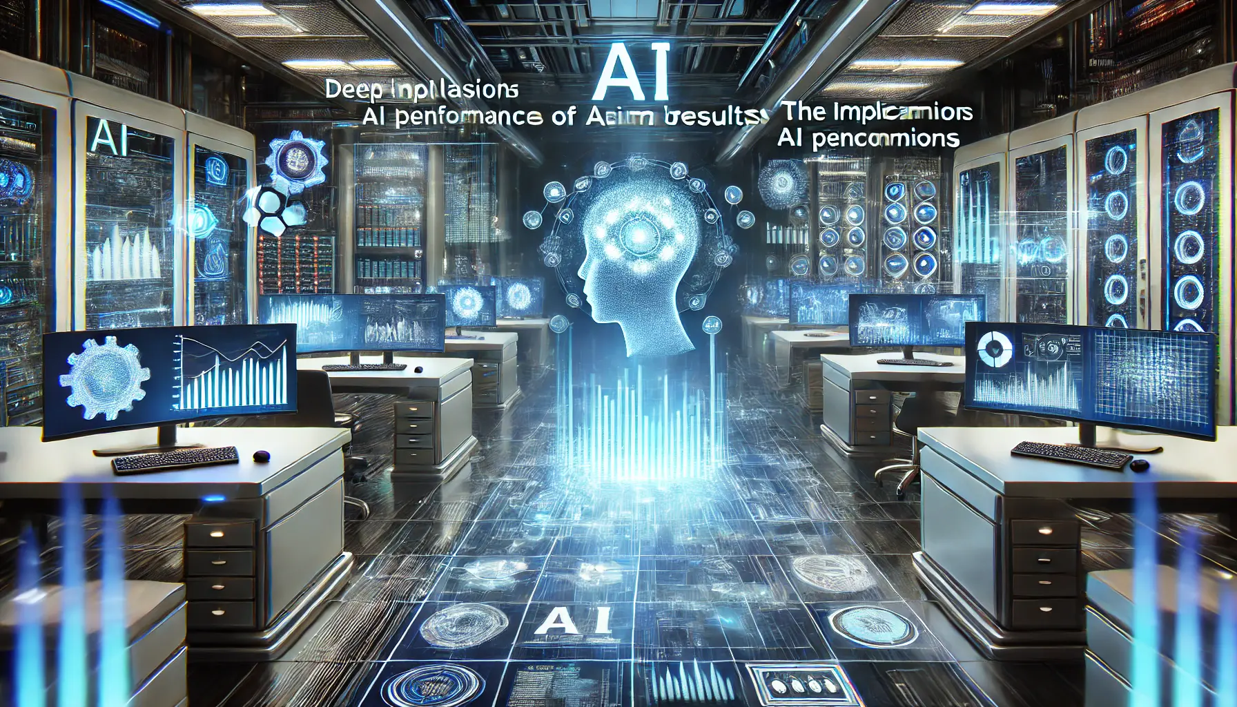 A high-tech AI performance analysis lab displaying holographic performance metrics and graphs.