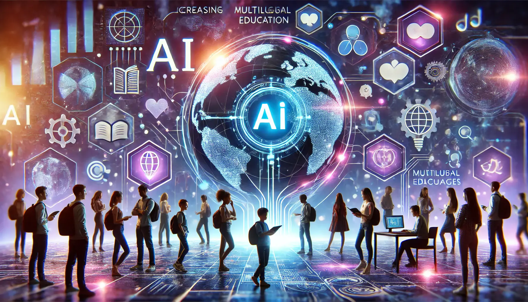 A futuristic educational environment powered by AI, with diverse students and glowing data streams representing different languages, facilitating multilingual learning and communication.