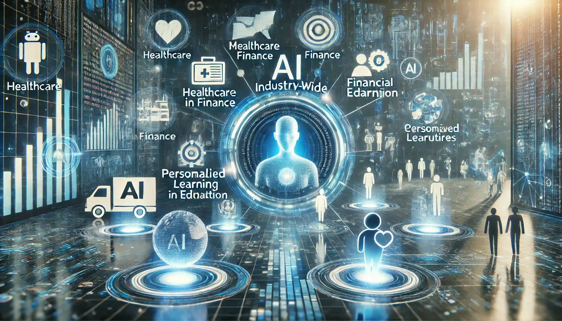 A futuristic visualization of AI's industry-wide applications in healthcare, finance, education, and content creation.