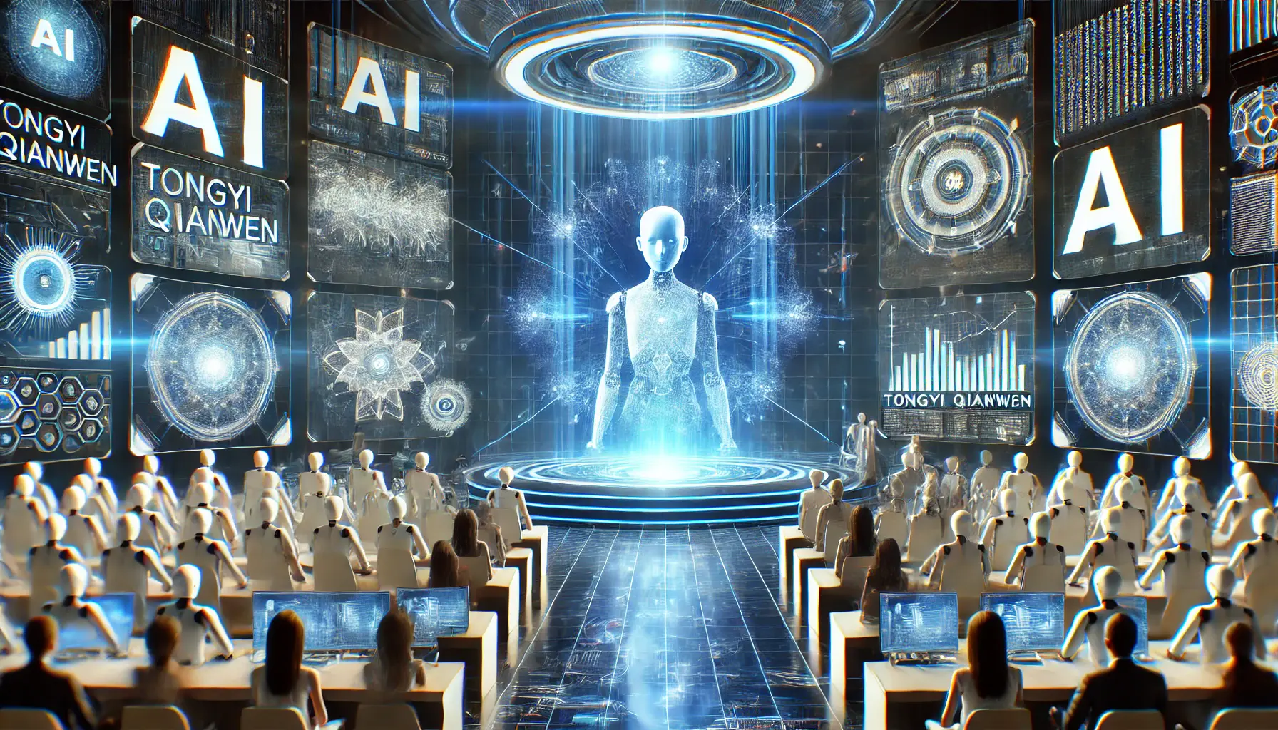 A futuristic AI launch event with an advanced AI model being unveiled on a high-tech stage, surrounded by glowing digital interfaces and holographic data projections.