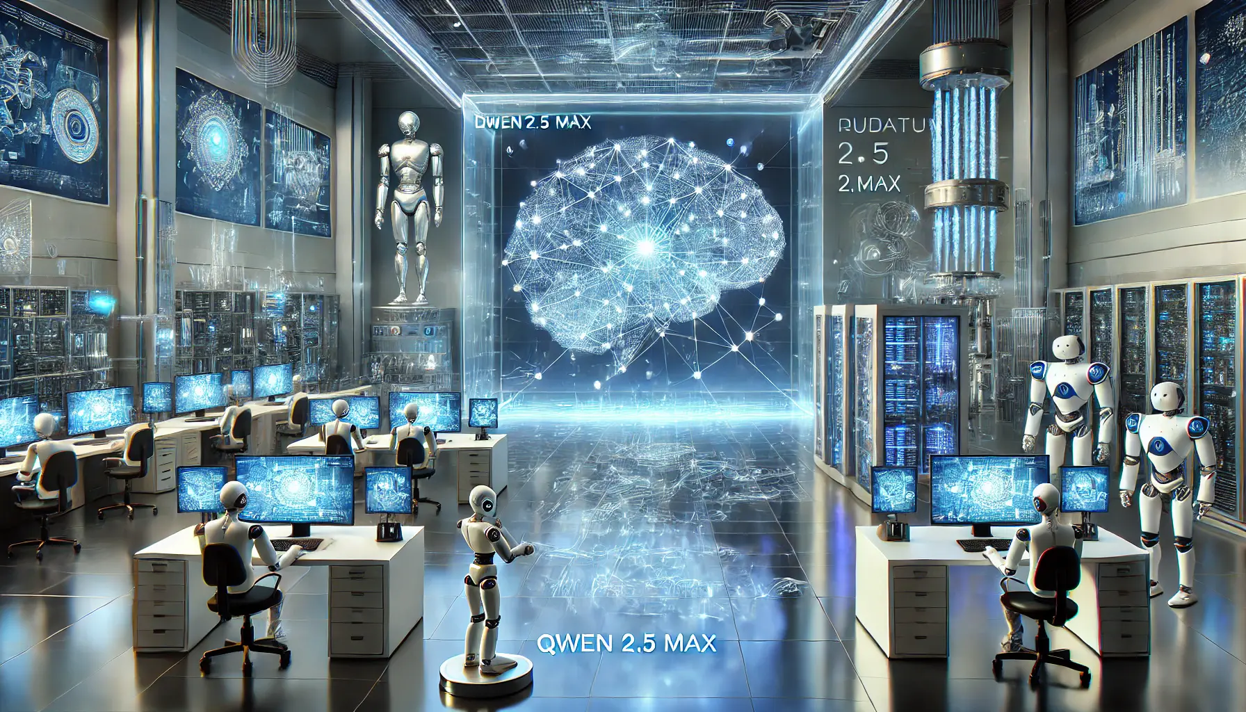 A high-tech AI research lab showcasing advancements in Qwen 2.5 Max, featuring a holographic neural network projection, quantum computing elements, and robotic systems analyzing AI algorithms.