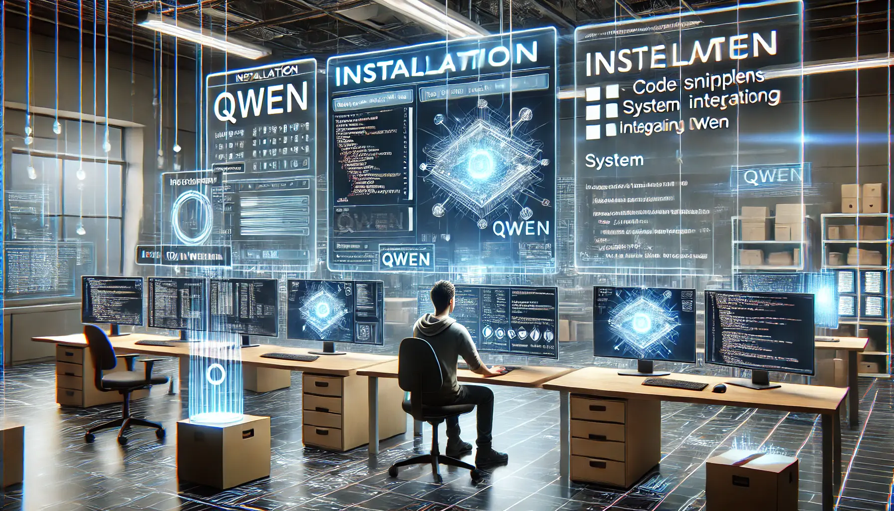 A high-tech developer workspace showing the installation of Qwen, with holographic interfaces displaying the installation process, code snippets, and system configuration details.