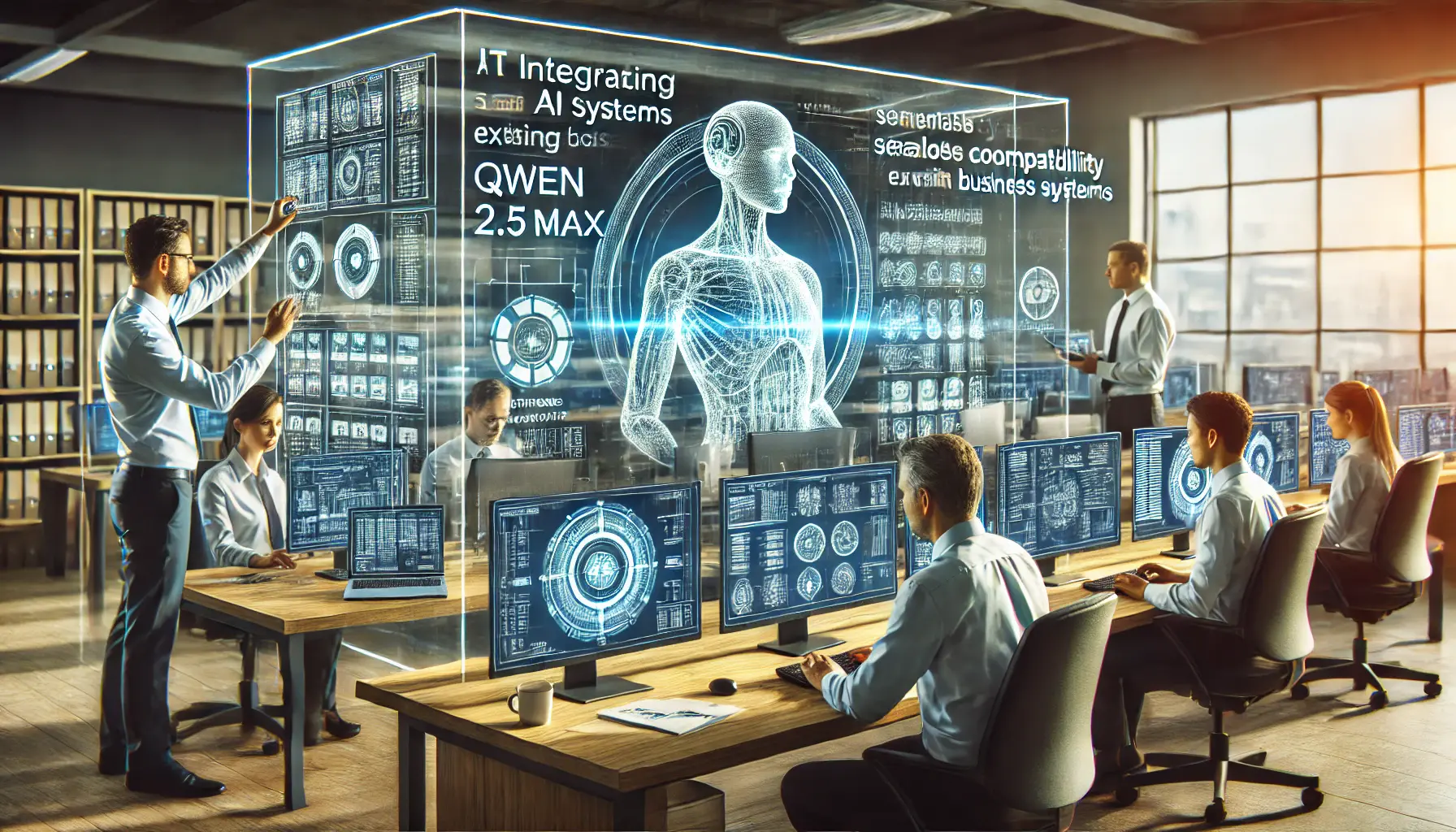 A corporate office where IT specialists integrate AI systems like Qwen 2.5 Max into existing business software, ensuring smooth system compatibility.