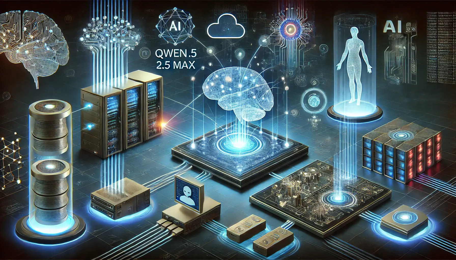 A digital network representing the seamless integration of Qwen 2.5 Max into various system components, including servers and cloud platforms.