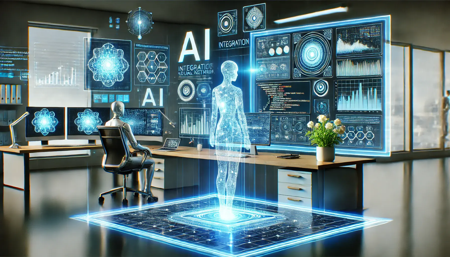 A futuristic digital workspace illustrating AI integration with multiple digital screens displaying AI-powered data visualizations, neural network patterns, and coding interfaces.