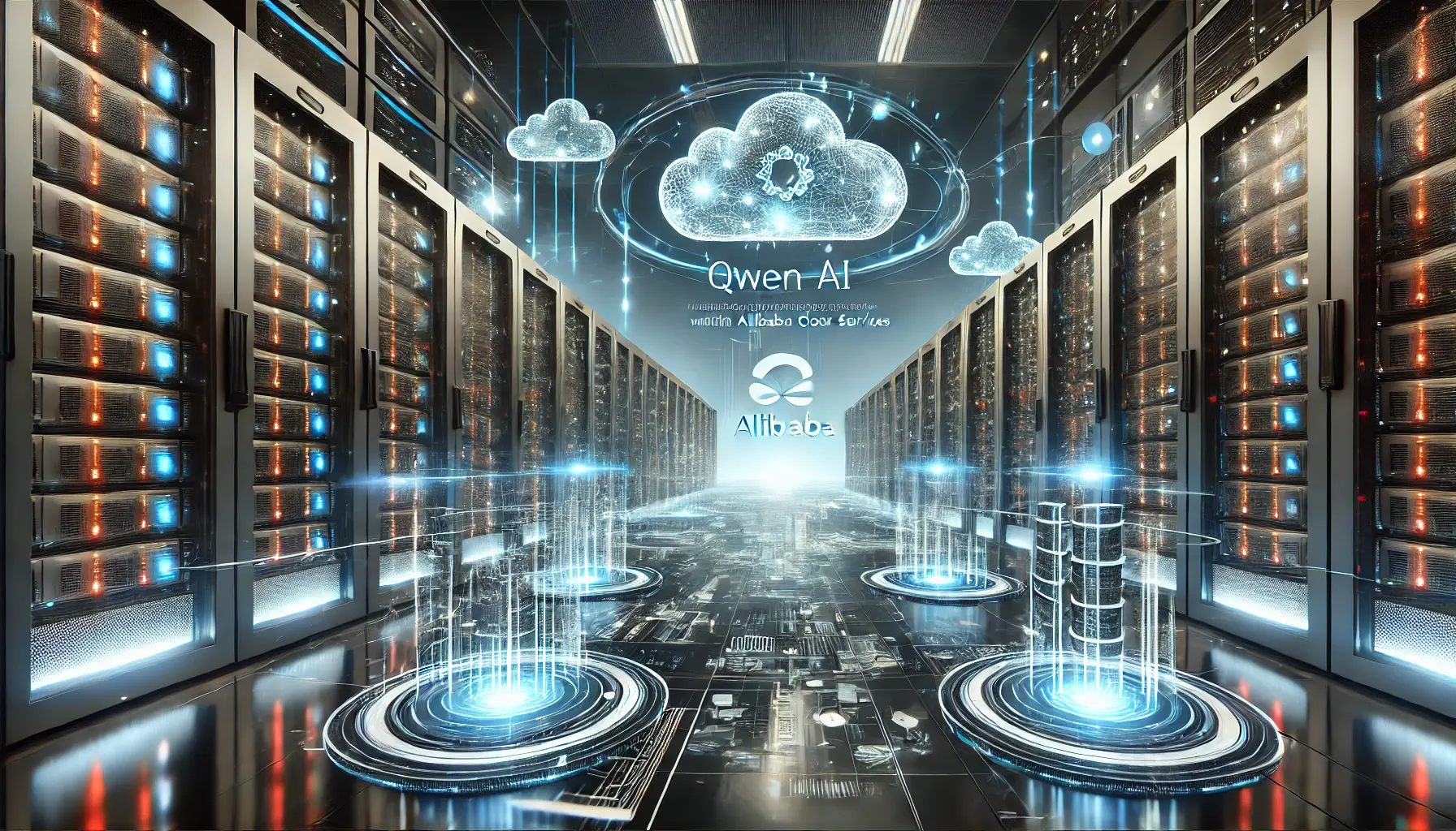 A futuristic data center showcasing the integration of Qwen AI with Alibaba Cloud services. Glowing servers and digital data streams flow seamlessly into AI-powered applications. The high-tech environment symbolizes advanced cloud-based AI solutions with dynamic visualizations in the background.