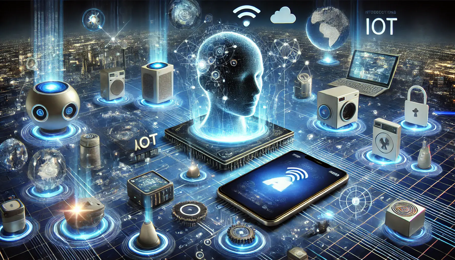 A network of connected smart devices, such as home appliances and wearables, interacting with an AI interface through glowing data streams.