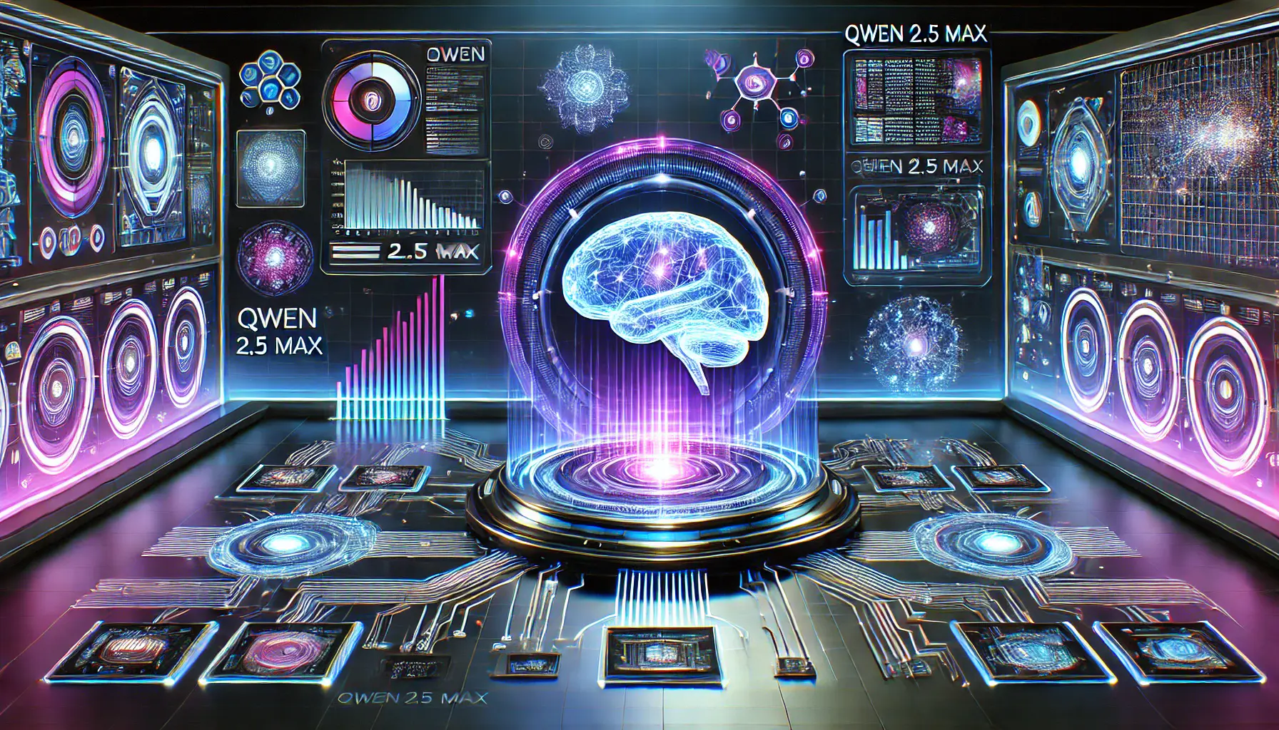 A futuristic AI-powered interface showcasing Qwen 2.5 Max in action, with a glowing AI brain surrounded by holographic data streams and neural pathways.