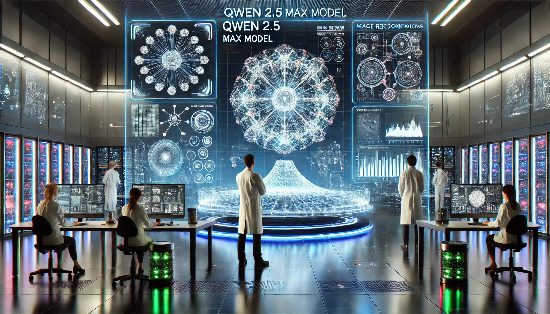 A futuristic AI research laboratory with scientists and engineers analyzing holographic screens displaying the Qwen 2.5 Max model, neural networks, and deep learning structures.