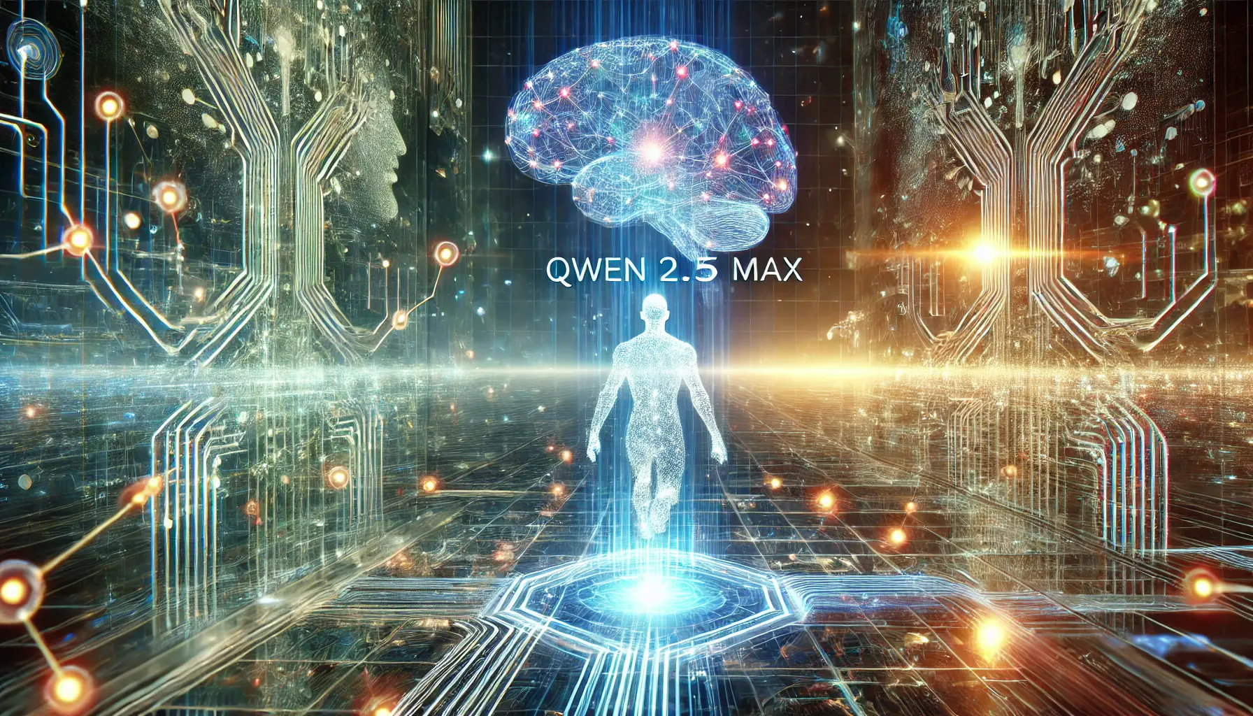 A high-tech digital environment representing the potential of Qwen 2.5 Max as the future of AI, featuring advanced neural networks and glowing data streams.