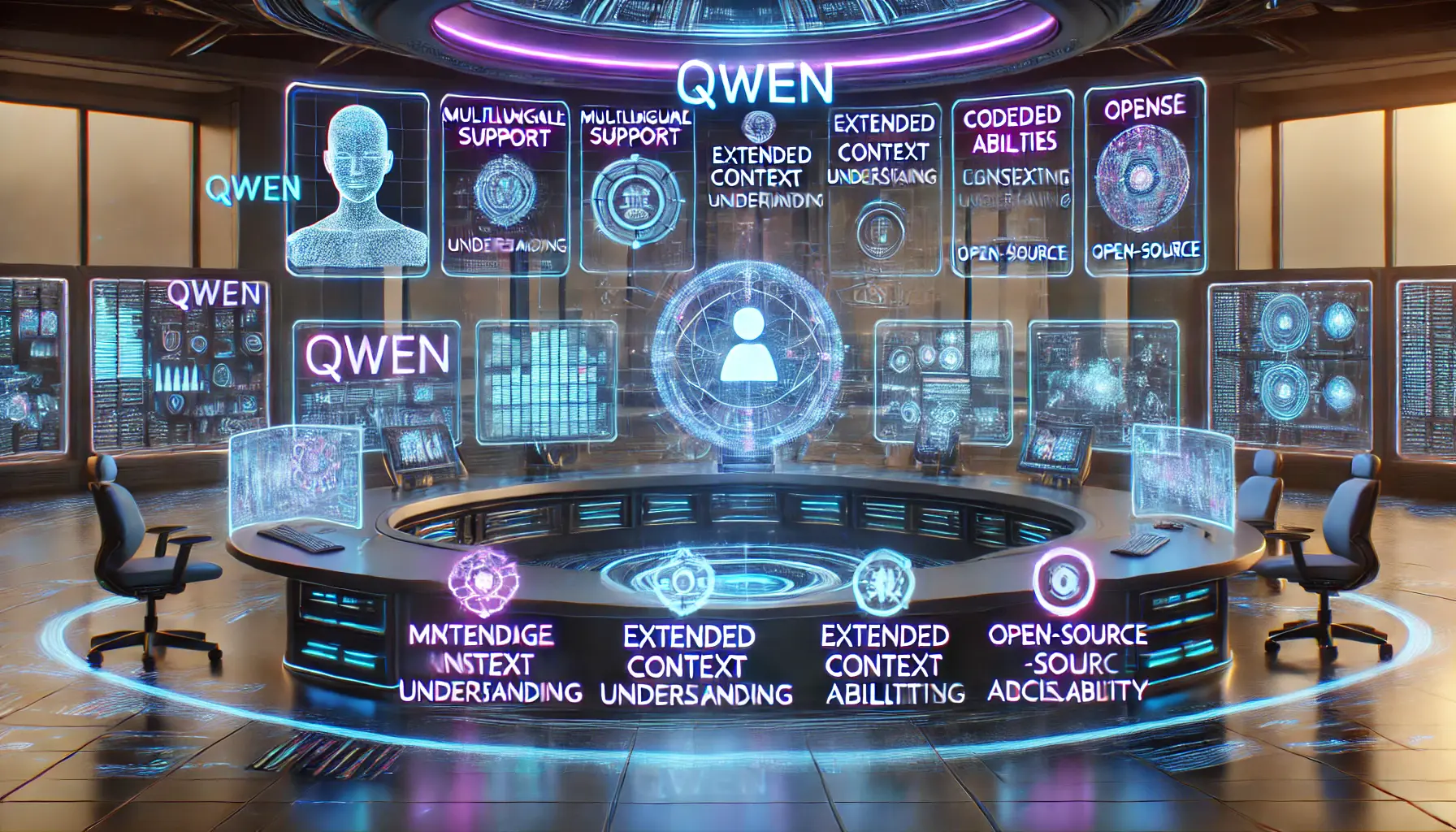 Futuristic AI control center with holographic screens displaying Qwen’s key features, including multilingual support, extended context understanding, and coding abilities.