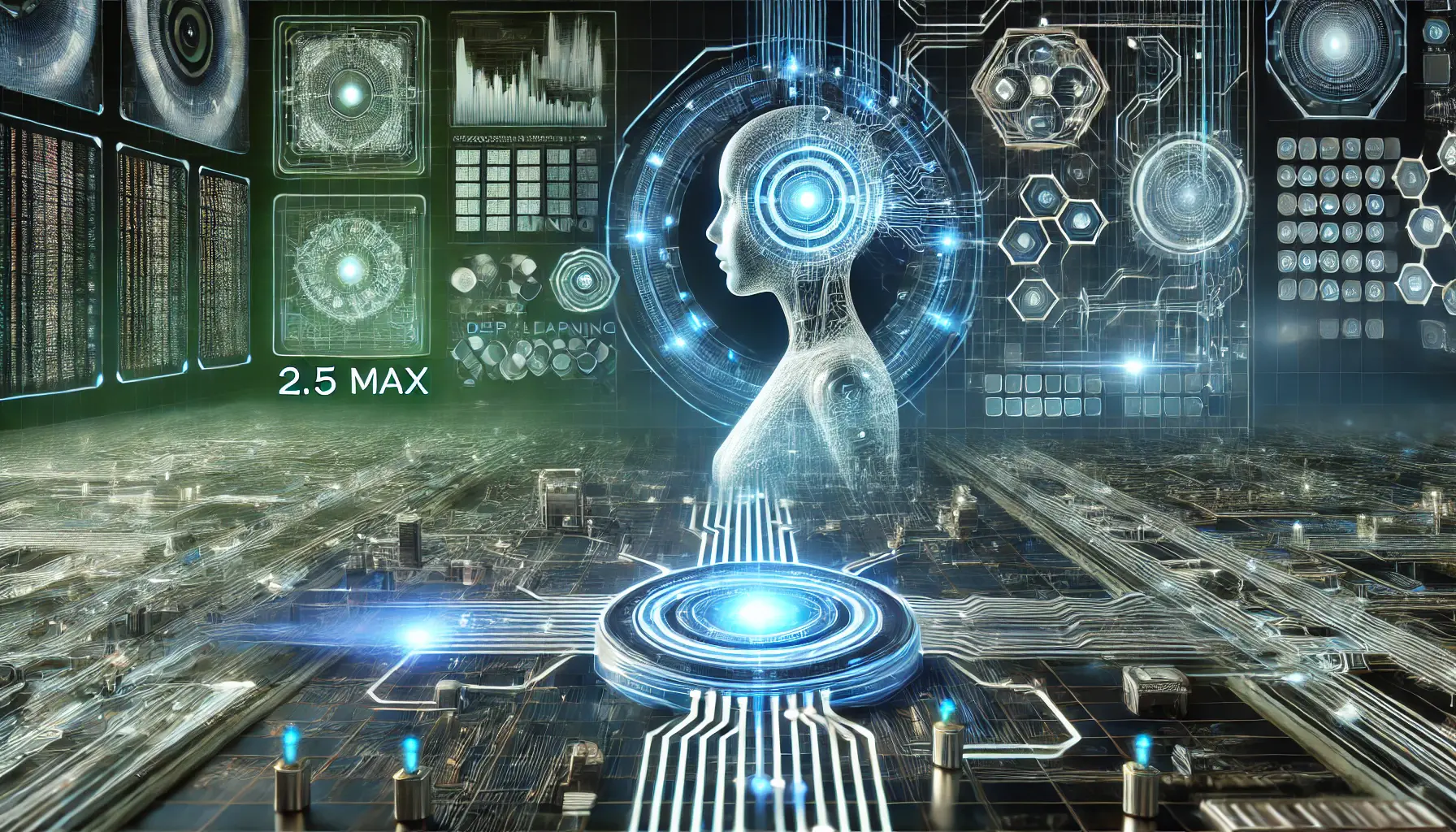 A futuristic digital representation of Qwen 2.5 Max's key features, showcasing an advanced AI interface with interconnected data hubs and glowing circuits.