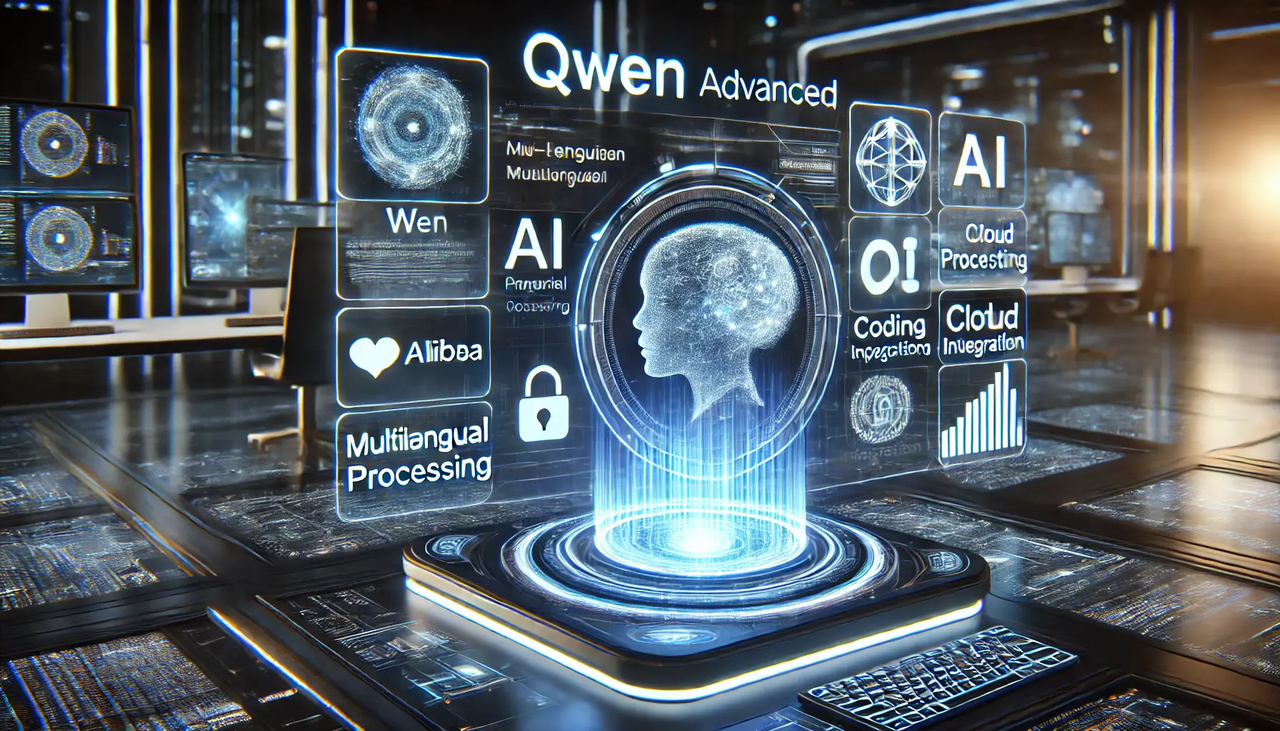 A futuristic AI interface displaying the key features of Qwen, Alibaba’s advanced AI model. A holographic display highlights AI-powered multilingual processing, coding capabilities, and cloud integration. A glowing neural network structure in the background symbolizes deep learning and AI innovation.