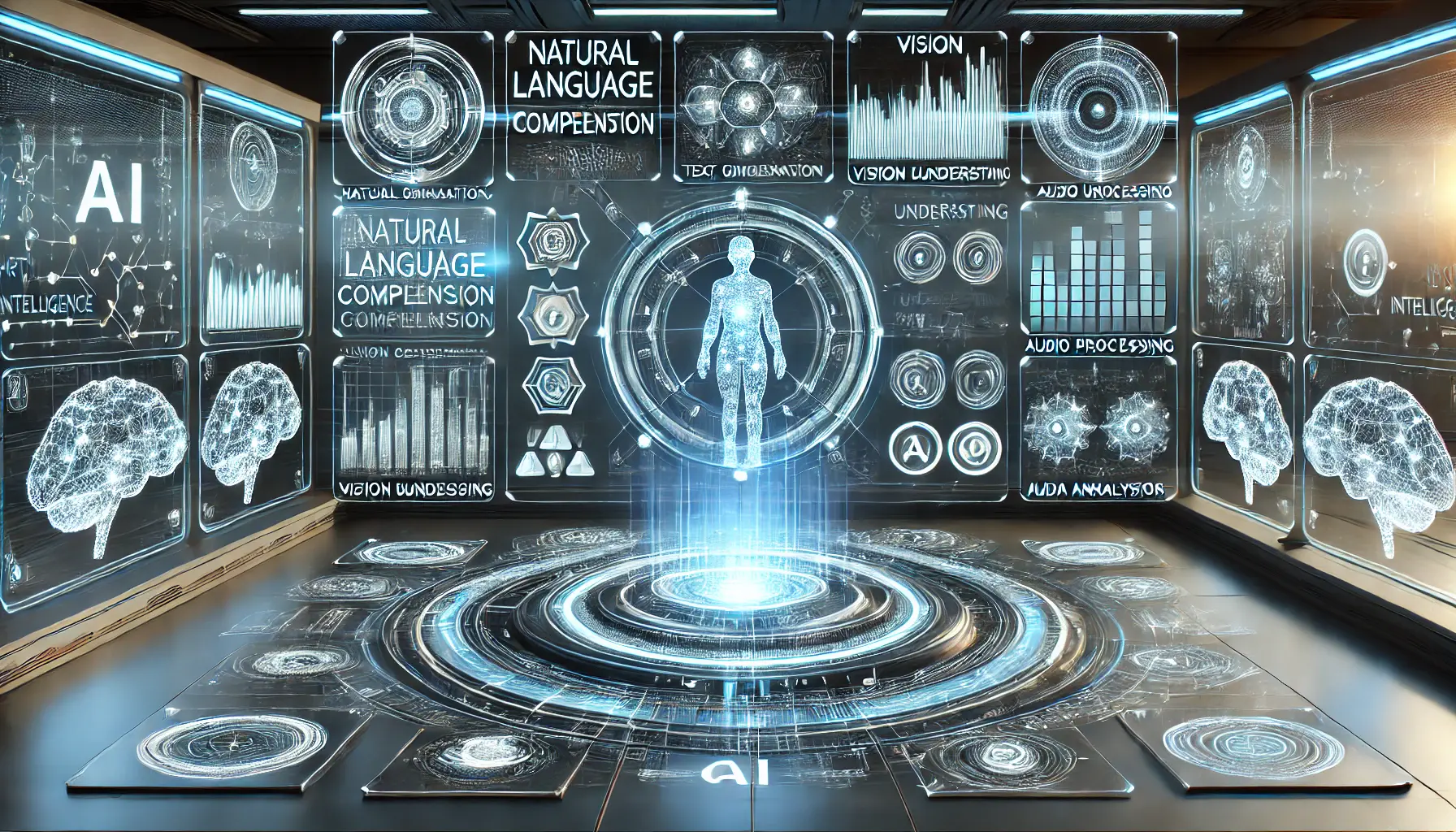 A futuristic AI interface in a high-tech control center displaying multiple holographic screens representing different AI capabilities such as natural language comprehension, text generation, vision understanding, audio processing, and data analysis.