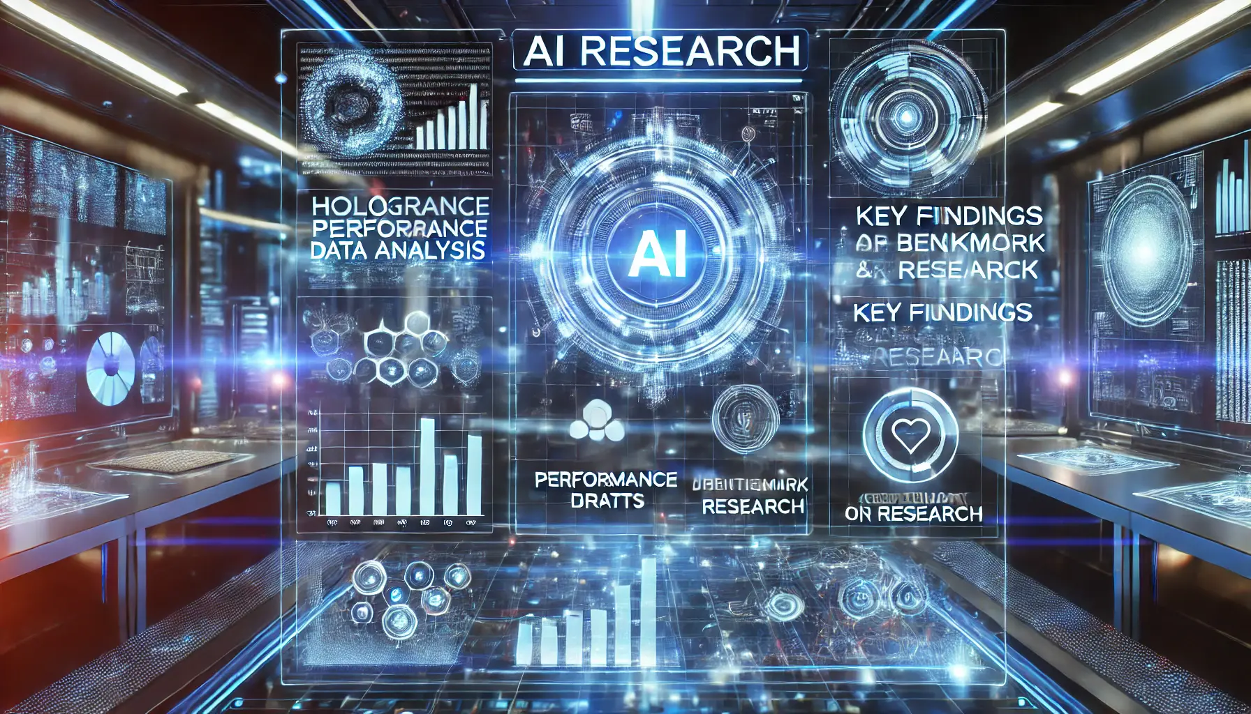 Futuristic AI research lab showing holographic data analysis and performance graphs from benchmark research.