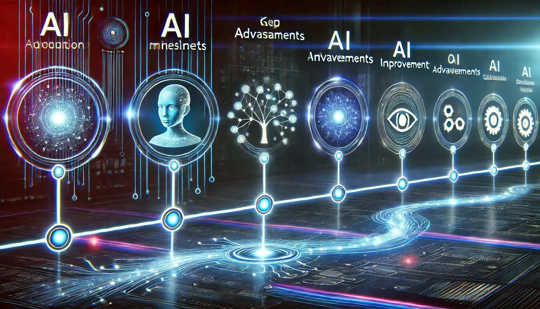 Futuristic digital timeline showcasing key milestones in Qwen’s evolution with glowing nodes representing AI advancements.