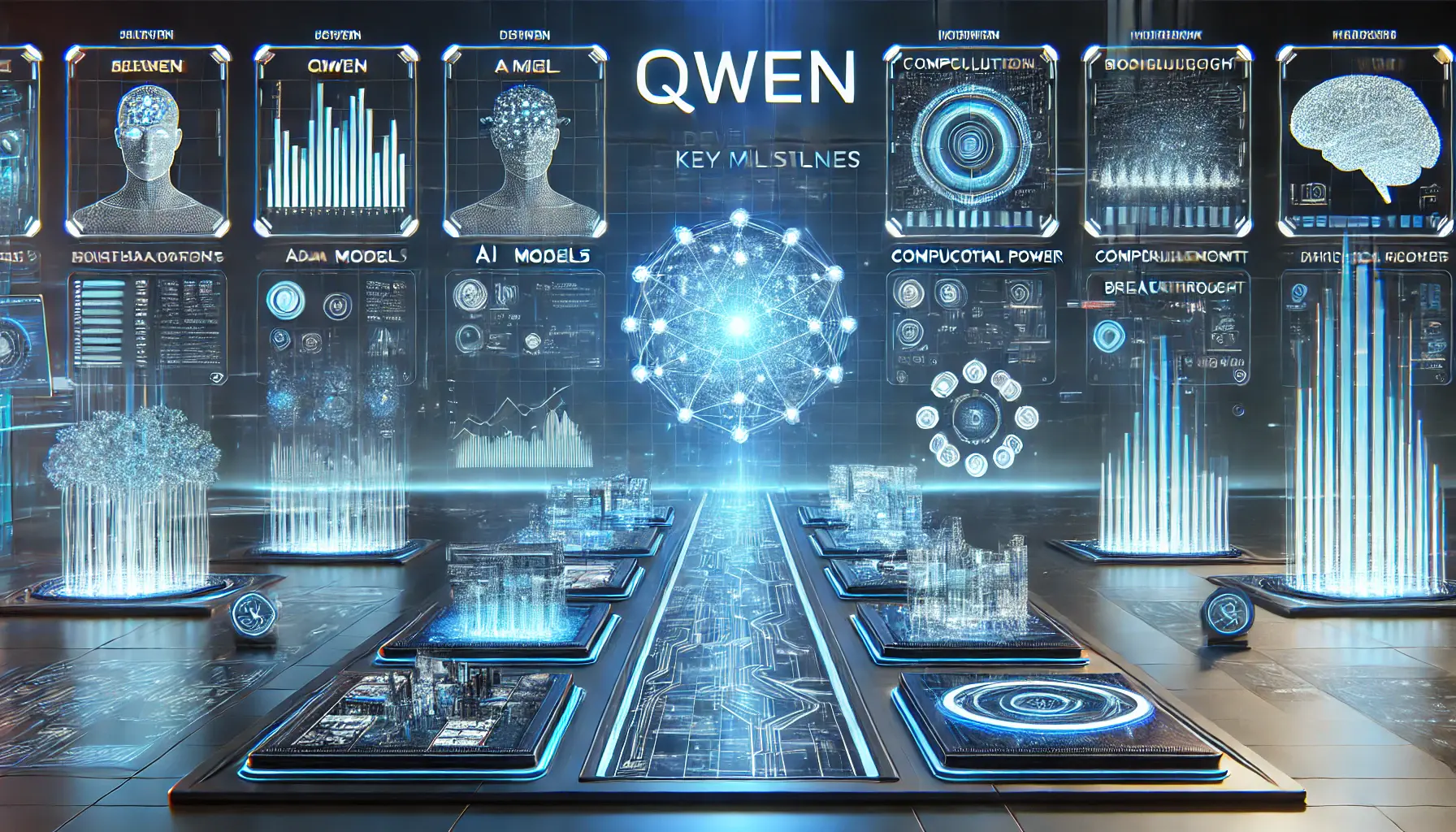 A high-tech digital timeline showcasing the key milestones in Qwen's development, with glowing representations of AI models and neural networks.