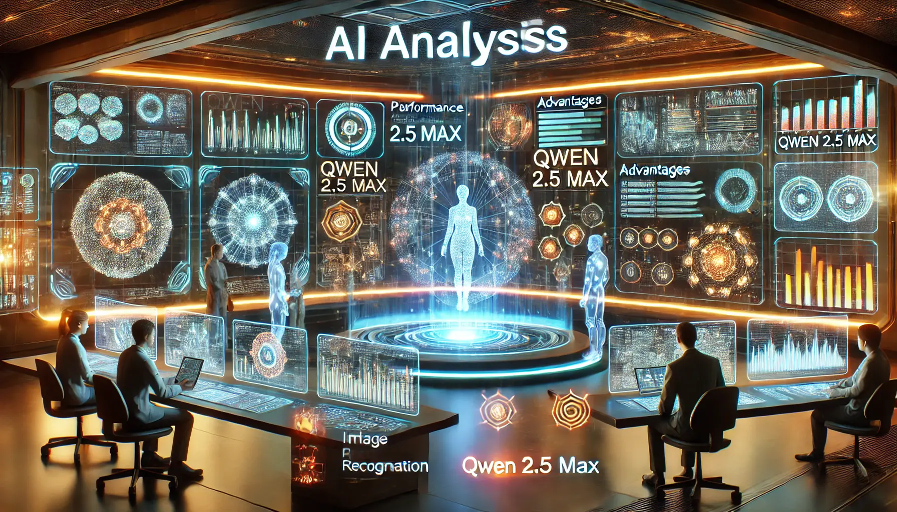 A futuristic AI analysis environment showcasing the key takeaways from Qwen 2.5 Max, with holographic displays of its strengths in image recognition, problem-solving, and efficiency.