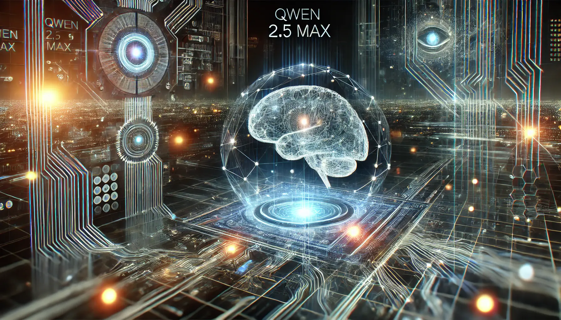 A high-tech digital environment symbolizing the key takeaways from Qwen 2.5 Max, with glowing neural networks, interconnected data streams, and holographic interfaces representing its core features.