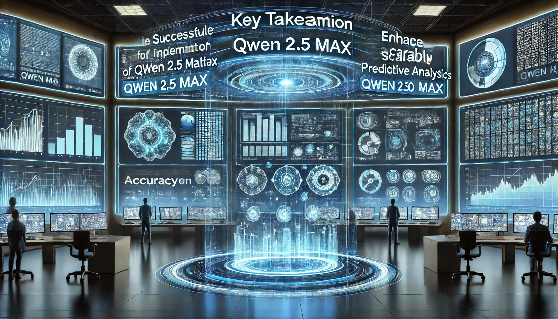 A futuristic AI-powered control room showcasing the key takeaways from implementing Qwen 2.5 Max, including accuracy, scalability, and real-time data analysis.