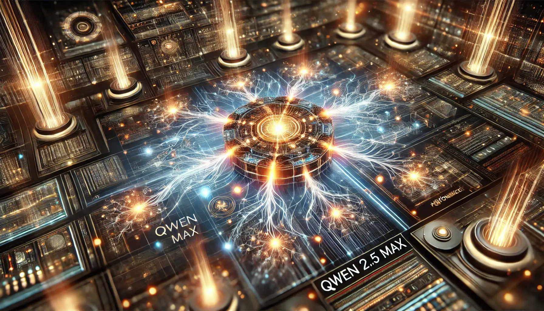 A high-tech digital representation of the key takeaways from Qwen 2.5 Max, showcasing its core features with glowing neural networks and data pathways.