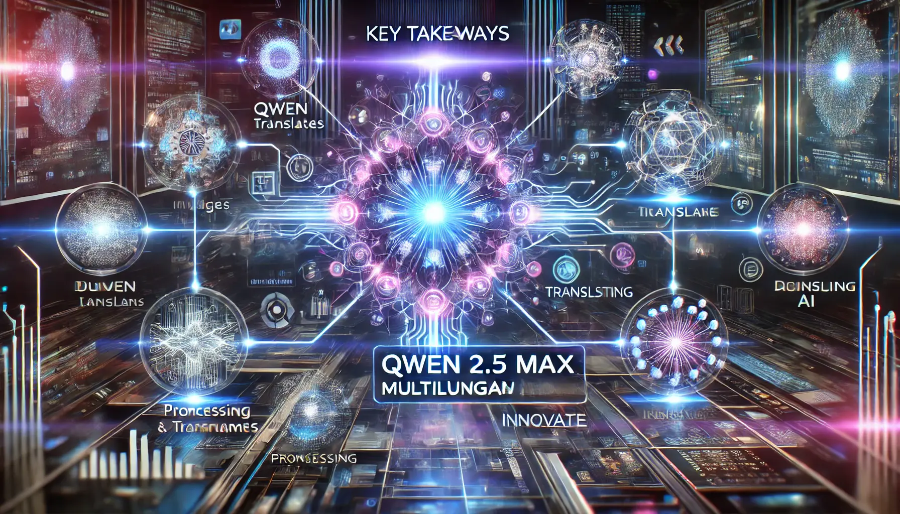 A futuristic AI core connected to neural networks processing multilingual data streams, symbolizing Qwen 2.5 Max's multilingual innovations.