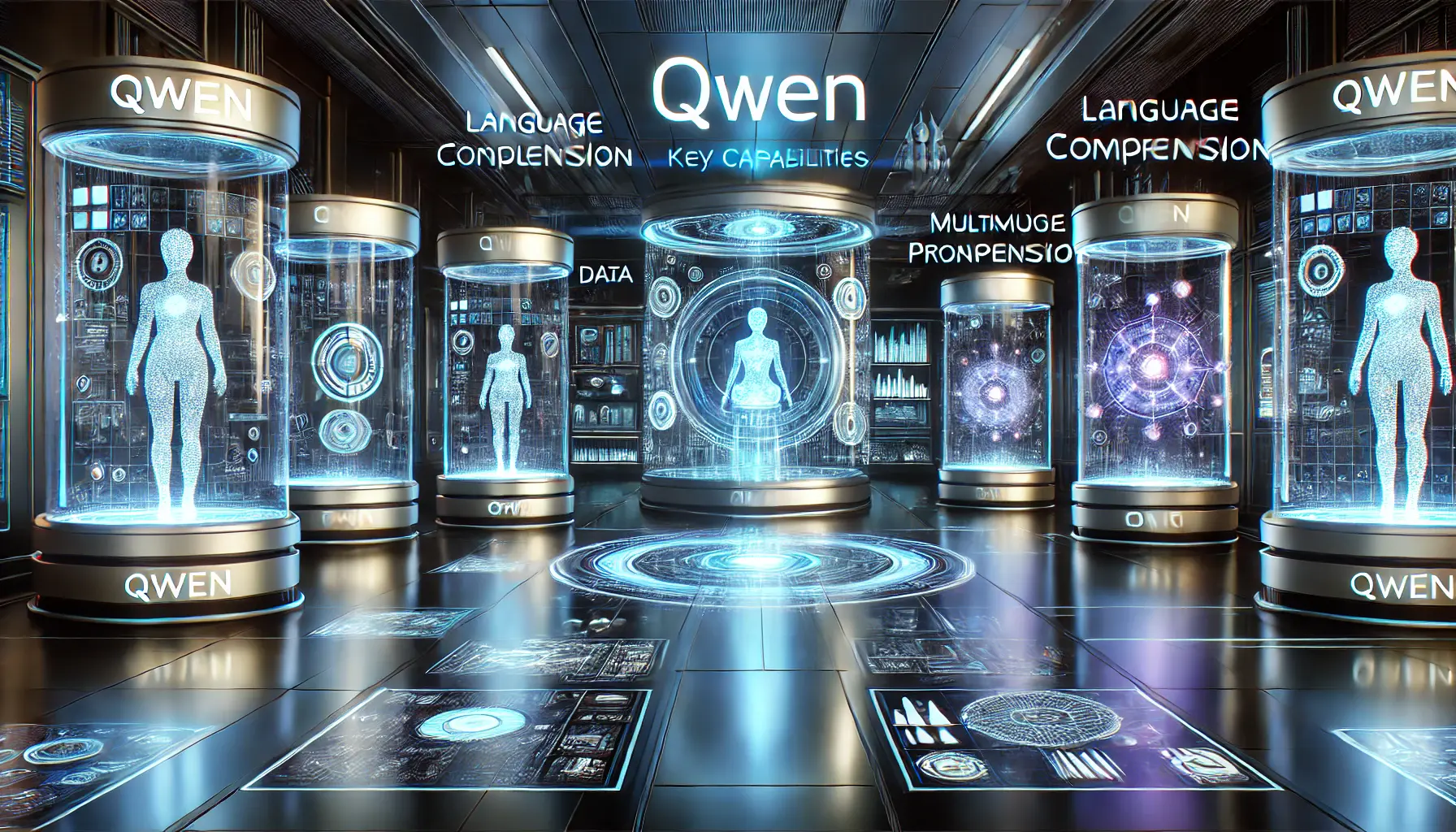 A futuristic, high-tech AI environment showing Qwen's capabilities in data analysis, language comprehension, and multimodal processing with glowing neural networks and real-time insights.