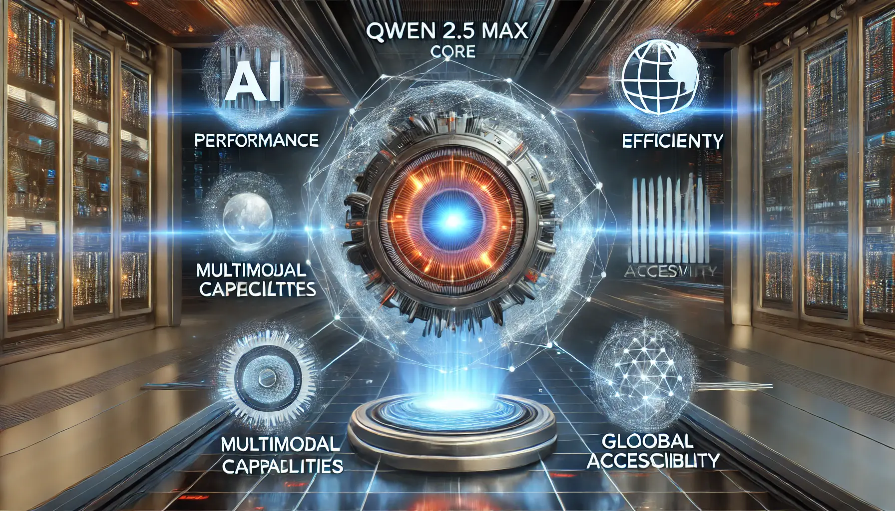 A digital representation of Qwen 2.5 Max’s key attributes, with holographic projections symbolizing performance, efficiency, and multimodal capabilities.