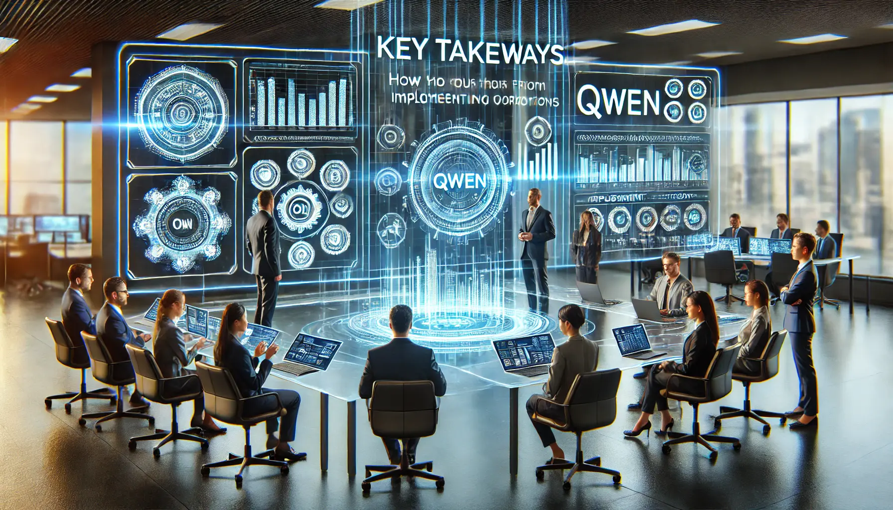 A modern business environment where professionals discuss and analyze the key takeaways from implementing Qwen AI into operations.