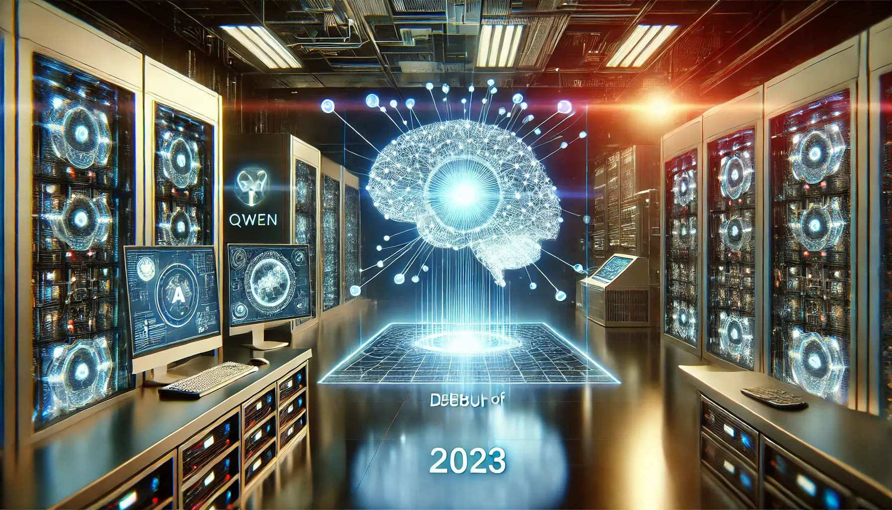 A futuristic AI system being launched in a high-tech laboratory with glowing digital interfaces and advanced computing servers, representing the debut of Qwen in 2023.