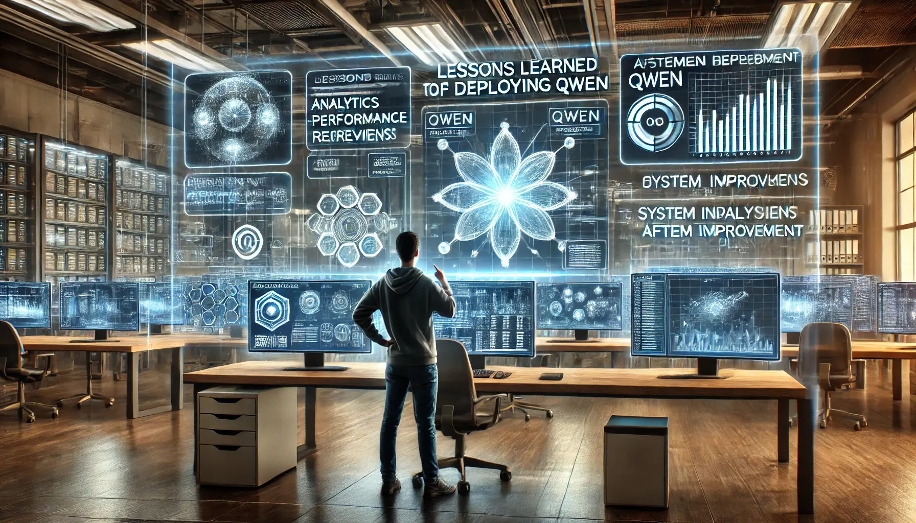 A high-tech developer workspace showing a developer reviewing analytics, performance reviews, and deployment feedback from Qwen's integration.