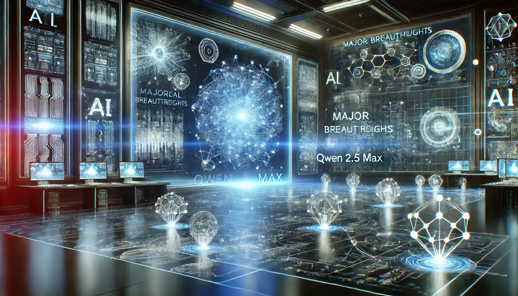 A futuristic AI lab showcasing breakthroughs and technological influence of Qwen 2.5 Max, with holographic projections and advanced AI systems.