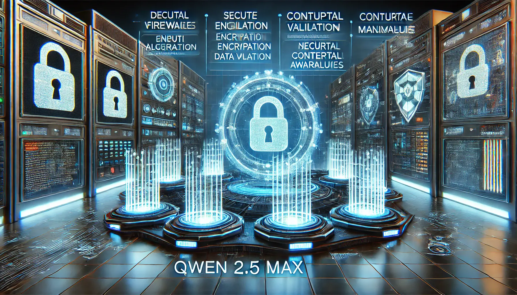 A futuristic digital security environment illustrating the mitigation techniques for vulnerabilities in Qwen 2.5 Max with firewalls, encryption, and monitoring.