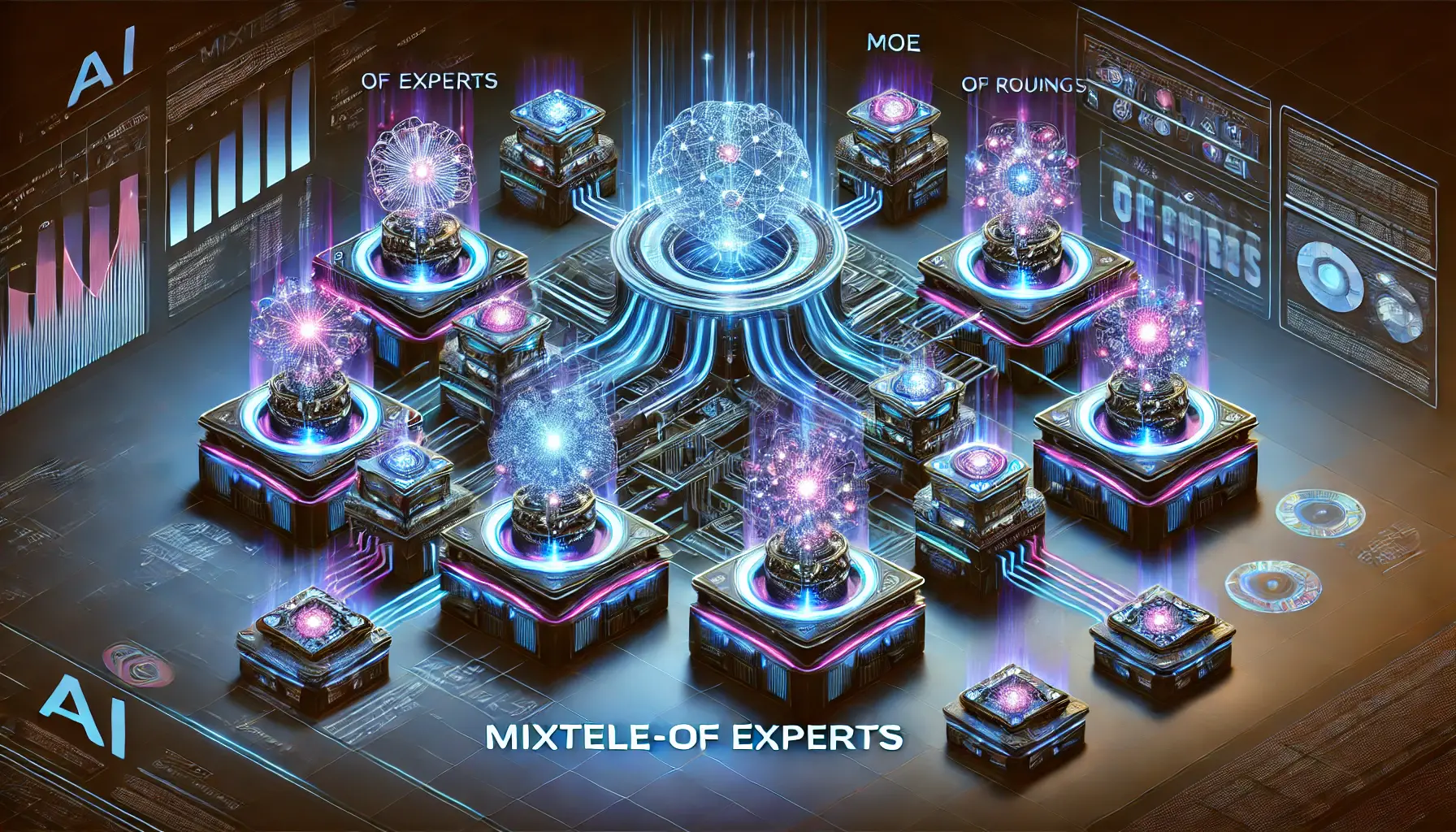 A futuristic AI system showcasing multiple expert modules dynamically connected to a central AI core. Each expert node processes distinct data streams, illustrating the efficiency of the Mixture-of-Experts (MoE) design.