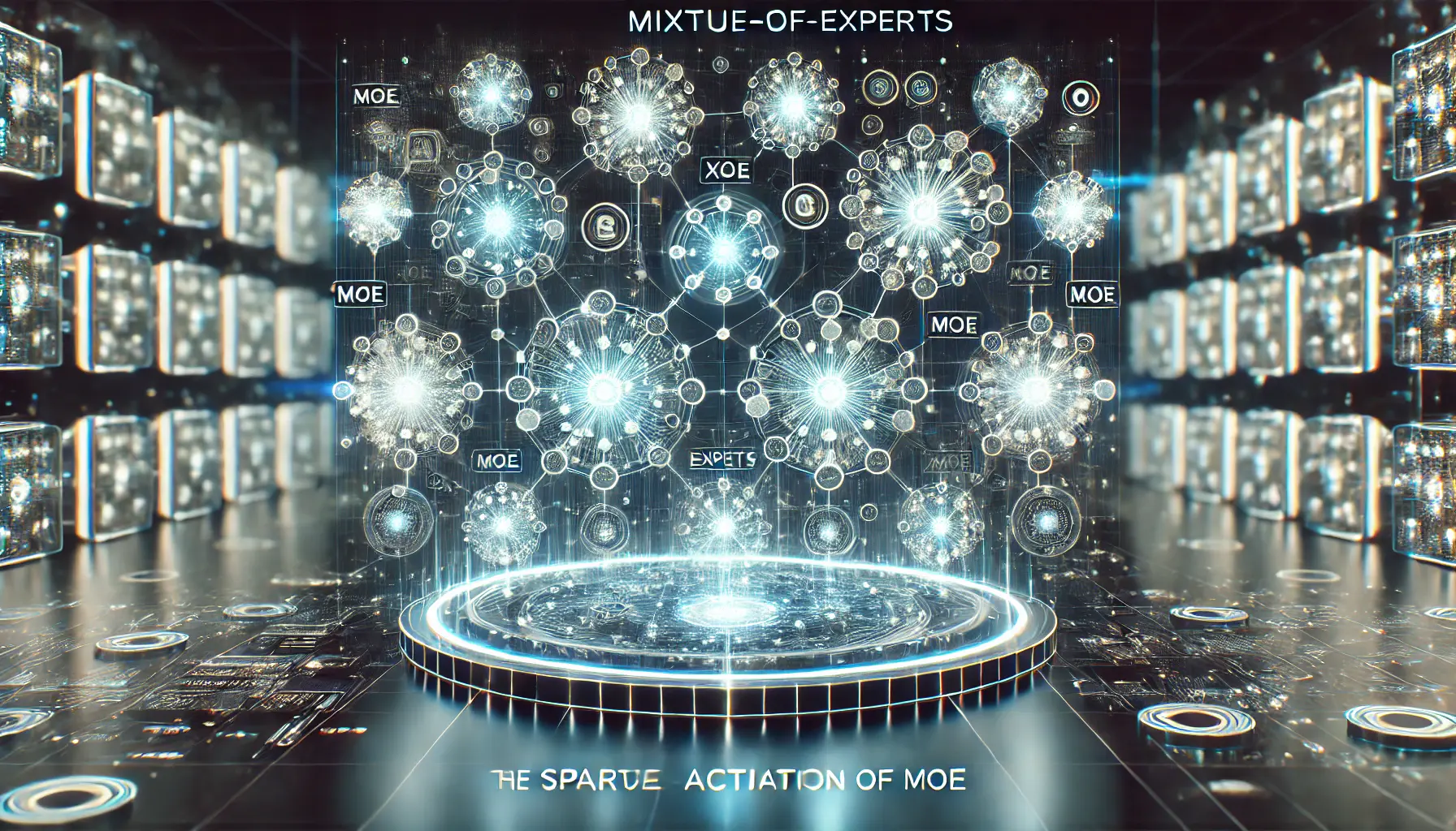 A digital representation of the Mixture-of-Experts (MoE) architecture, showcasing multiple neural network nodes with glowing connections, symbolizing specialized sub-models or 'experts'.